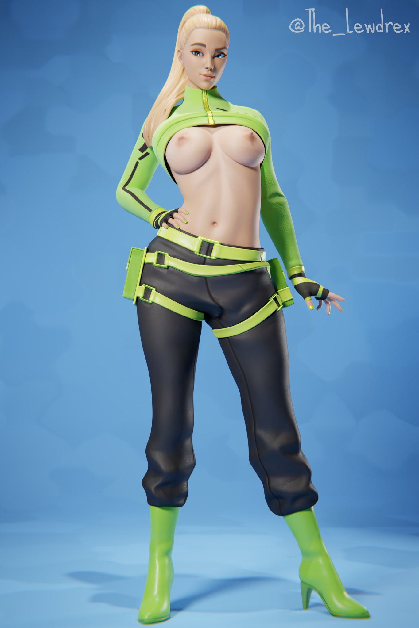 1girls 3d alien areolae blender blonde_hair bottomwear breasts clothed clothing epic_games fortnite hand_on_hip hand_on_waist high_heels highres jacket kyra_(fortnite) lewdrex light-skinned_female light_skin long_hair looking_at_viewer medium_breasts nipples pants ponytail pose posing presenting presenting_breasts simple_background standing streetwear watermark