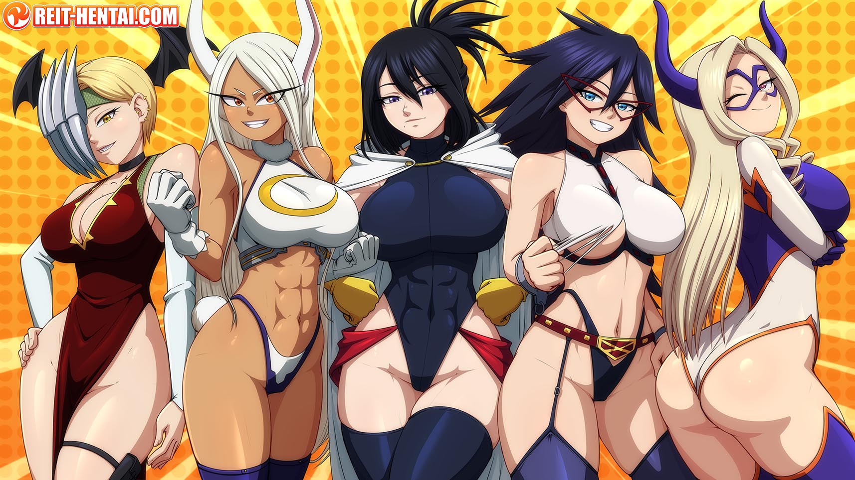 5girls, abs, big breasts, black hair, blonde hair, breasts, bunny ears, cameltoe, dark skin, female, fit, fit female, hero outfit (mha), heroine, long hair, looking at viewer, masked, masked female, midnight (my hero academia), miruko, mount lady, multiple females, multiple girls, muscular, muscular female, my hero academia, nana shimura, nemuri kayama, pussy, reit, rumi usagiyama, ryuukyuu, short hair, small clothes, smile, smirk, tagme, tatsuma ryuuko, wallpaper, watermark, yuu takeyama
