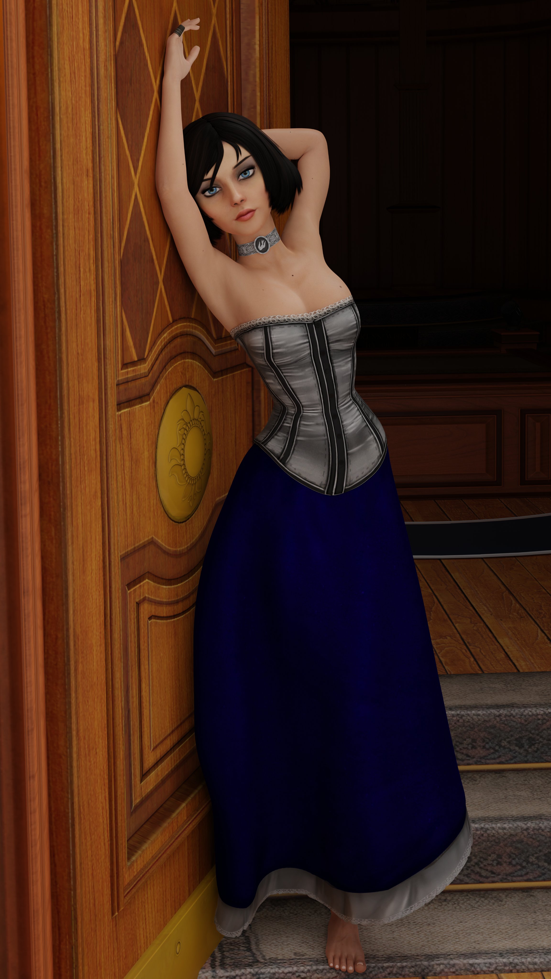 1girls, 3d, accurate art style, armpits, arms up, athletic, athletic female, barefoot, bioshock, bioshock infinite, black hair, blue eyes, breasts, brown hair, busty, choker, cleavage, clevage, coffeeforsnails, corset, elizabeth comstock, female, female focus, female only, hourglass figure, medium breasts, official style, pinup, pinup pose, short hair, skinny, skirt, slim, standing, tagme, wide hips