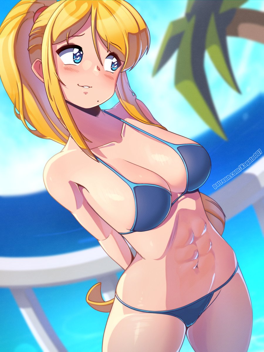 1girls, abs, artist name, beach, bikini, blonde hair, blue bikini, blue eyes, blush, cleavage, female, female only, fully clothed, kagato007, light skin, light-skinned female, long hair, looking away, metroid, muscular, muscular female, nintendo, palm tree, ponytail, revealing clothes, samus aran, shy, skimpy clothes, very long hair, watermark