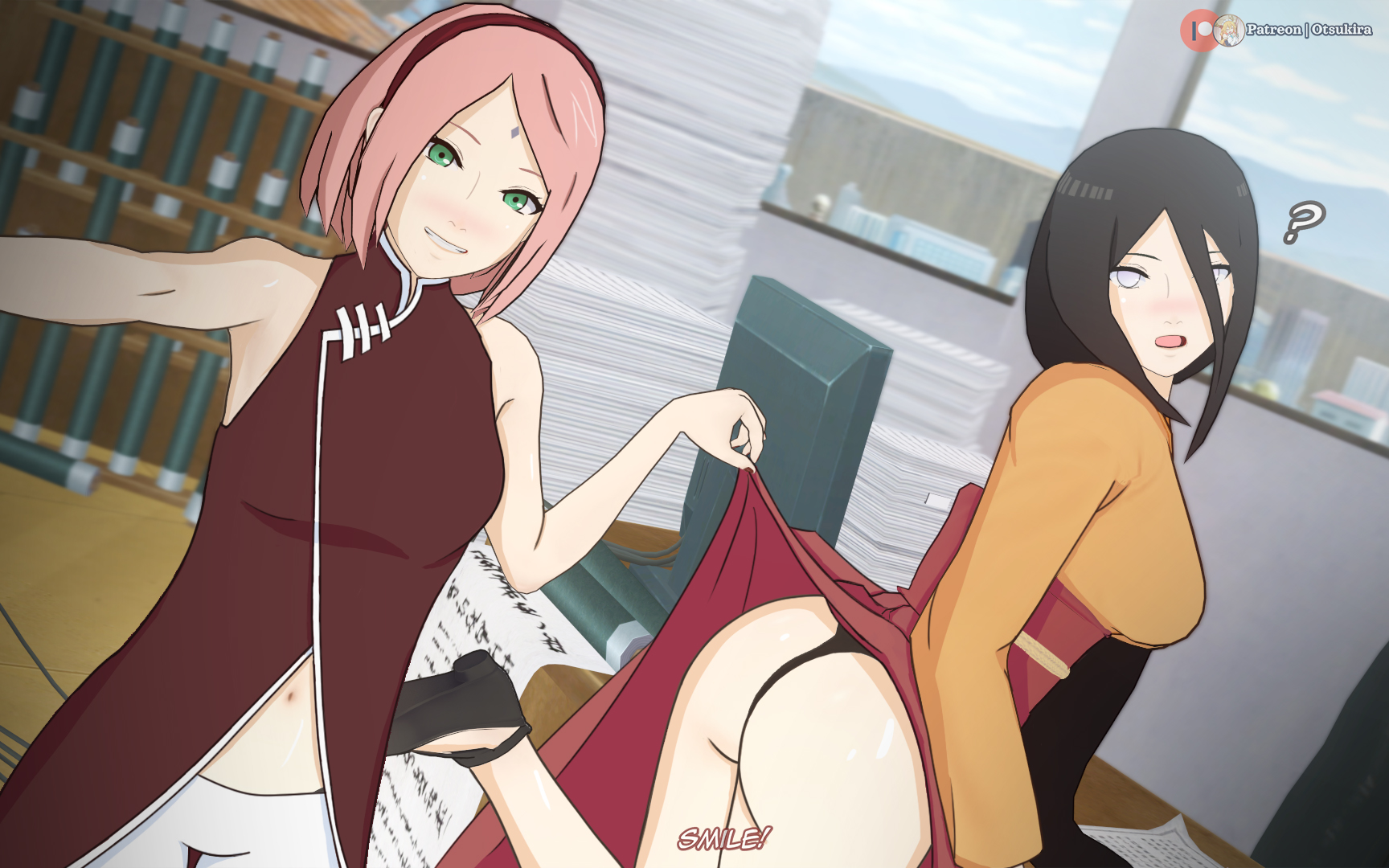 ?, 2girls, 3d, arm support, ass, bare ass, big ass, big breasts, blush, boruto: naruto next generations, breast size difference, breasts, brown hair, commentary, desk, dress, embarrassed, female, female only, female/female, g-string, green eyes, hokage office, hyuuga hanabi, indoors, kimono, koikatsu, lifted by another, looking at viewer, looking back, looking back at viewer, mature, mature female, milf, multiple females, multiple girls, naruto, naruto (series), office, otsukira, panties, pants, petite, pink hair, presenting, presenting ass, raised leg, sakura haruno, selfie, skirt, skirt lift, small breasts, smile, taking selfie, talking, talking to partner, text, violet eyes