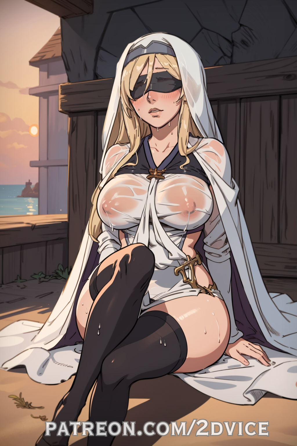 2dvice ai_generated anime_style big_breasts blind blindfold blonde_hair cathedral church closed_eyes covered_eyes covering covering_crotch cute fear goblin_slayer goddess head_covered headwear hentai huge_breasts long_dress long_hair long_sleeves nipple_bulge nipples nun priestess restrained scared see-through see-through_clothing shy sitting stockings sweat sweatdrop sword sword_maiden_(goblin_slayer) timid wet wet_body wet_clothes white_body white_dress