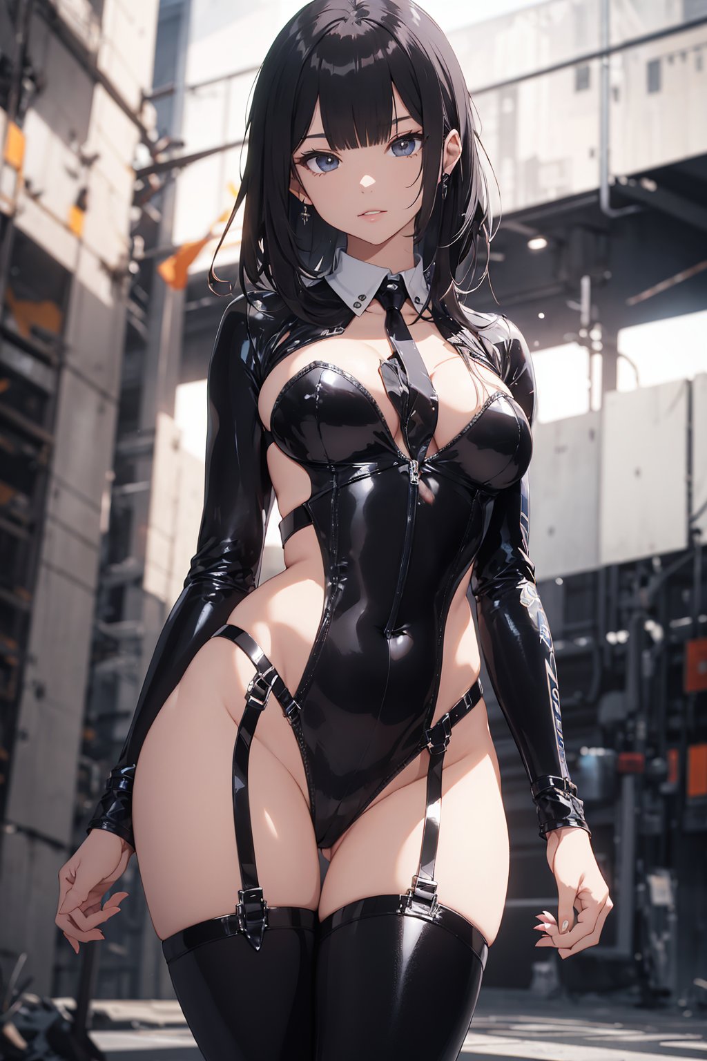 ai generated, black hair, blue eyes, female, female only, latex, latex suit, latex thighhighs, outside, solo, solo female, standing, thighhighs, wide hips, yamato ai8