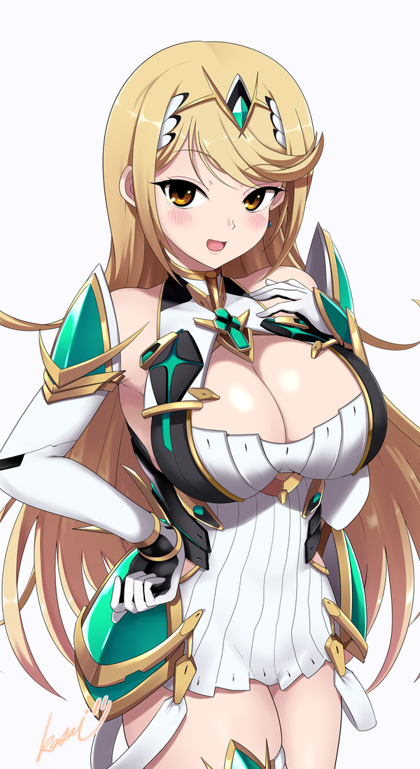 1girls, big breasts, blonde hair, blush, boob window, breasts, clothed, clothing, cute, female, kasai shin, looking at viewer, mythra, mythra (xenoblade), skirt, thighs, xenoblade (series), xenoblade chronicles 2