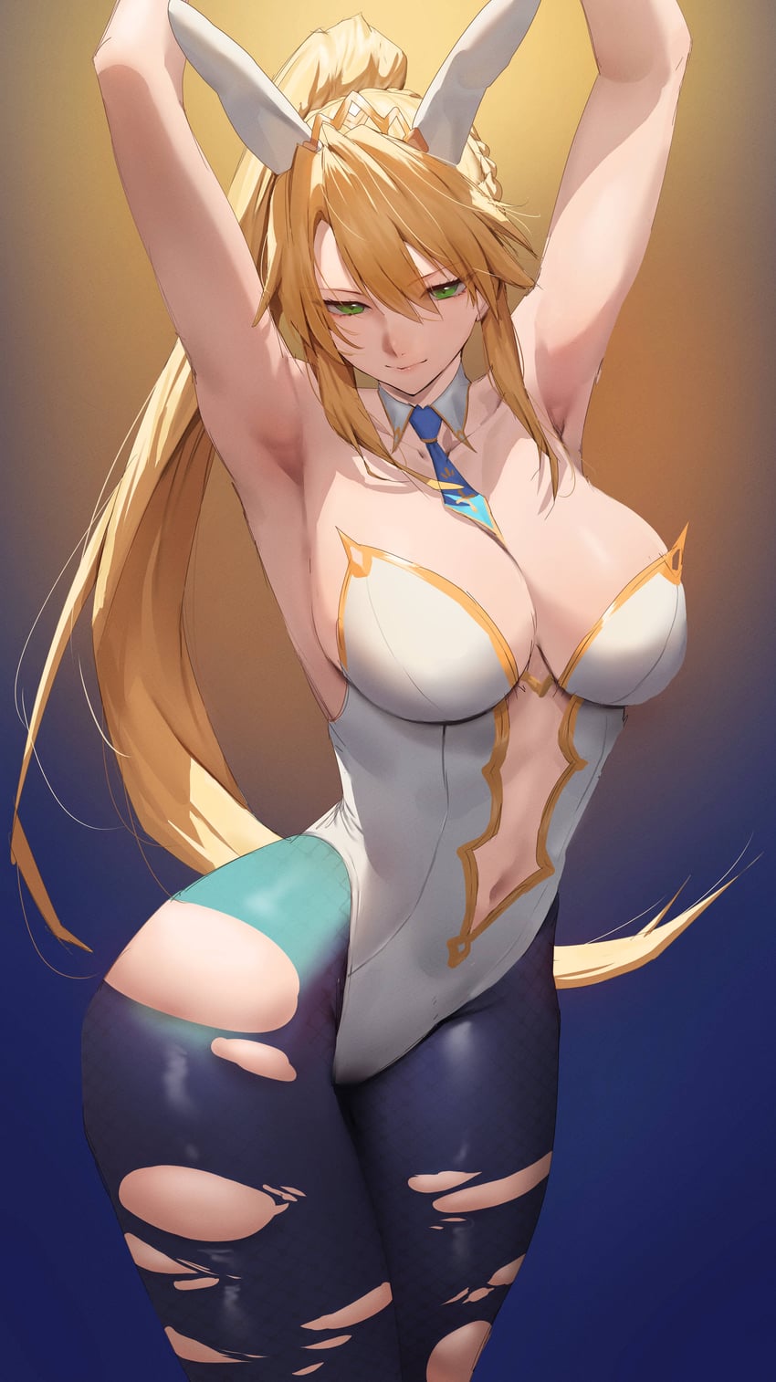 animal ears, armpits, arms up, artoria pendragon, artoria pendragon (lancer), artoria pendragon (swimsuit ruler), big breasts, blonde hair, blue necktie, blue pantyhose, blush, breasts, bunnysuit, cleavage, detached collar, fake animal ears, fate (series), fate/grand order, female, gradient background, green eyes, groin, hips, large breasts, leotard, long hair, looking at viewer, navel, necktie, pantyhose, playboy bunny, plunging neckline, ponytail, presenting armpit, rabbit ears, rororo, sidelocks, simple background, smile, solo, thick thighs, thighs, tie, torn clothes, torn pantyhose, very long hair, white leotard, wide hips