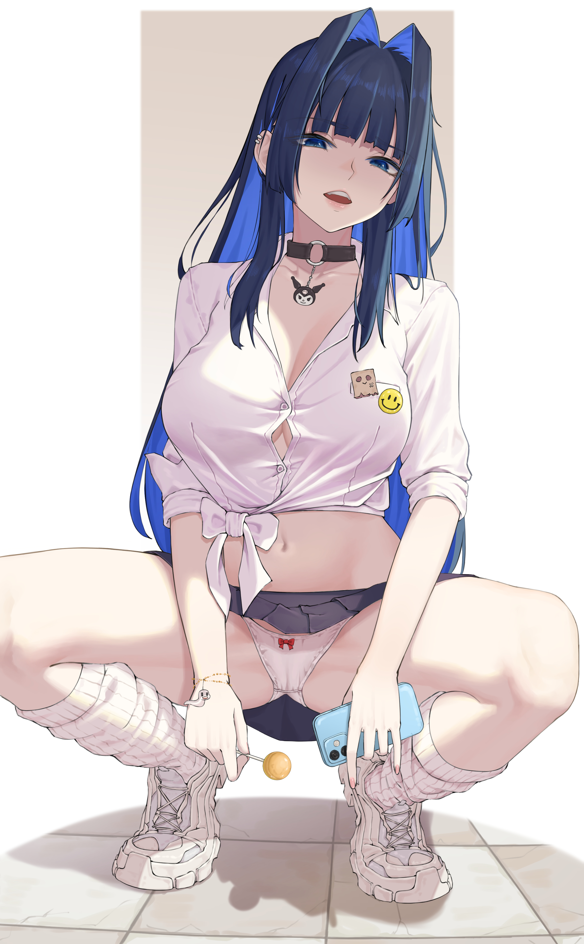 collar, female, hololive, hololive english, hololive english -council-, hololive english -promise-, ouro kronii, panties, school uniform, smile, squatting, virtual youtuber