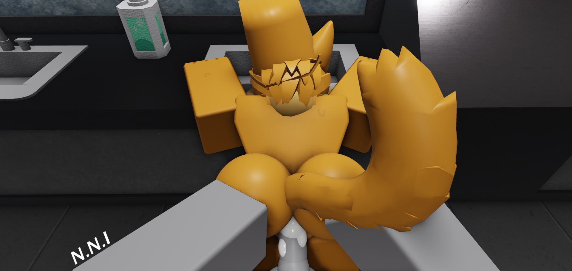 1boy, 1girls, 3d, ass, bathroom, bucket, catte (kaiju paradise), cum, cum in pussy, cum inside, feline, female, furry, kaiju paradise, male, nonameidaa (artist), orange fur, original, original artwork, pov, pussy, roblox, roblox game, self upload