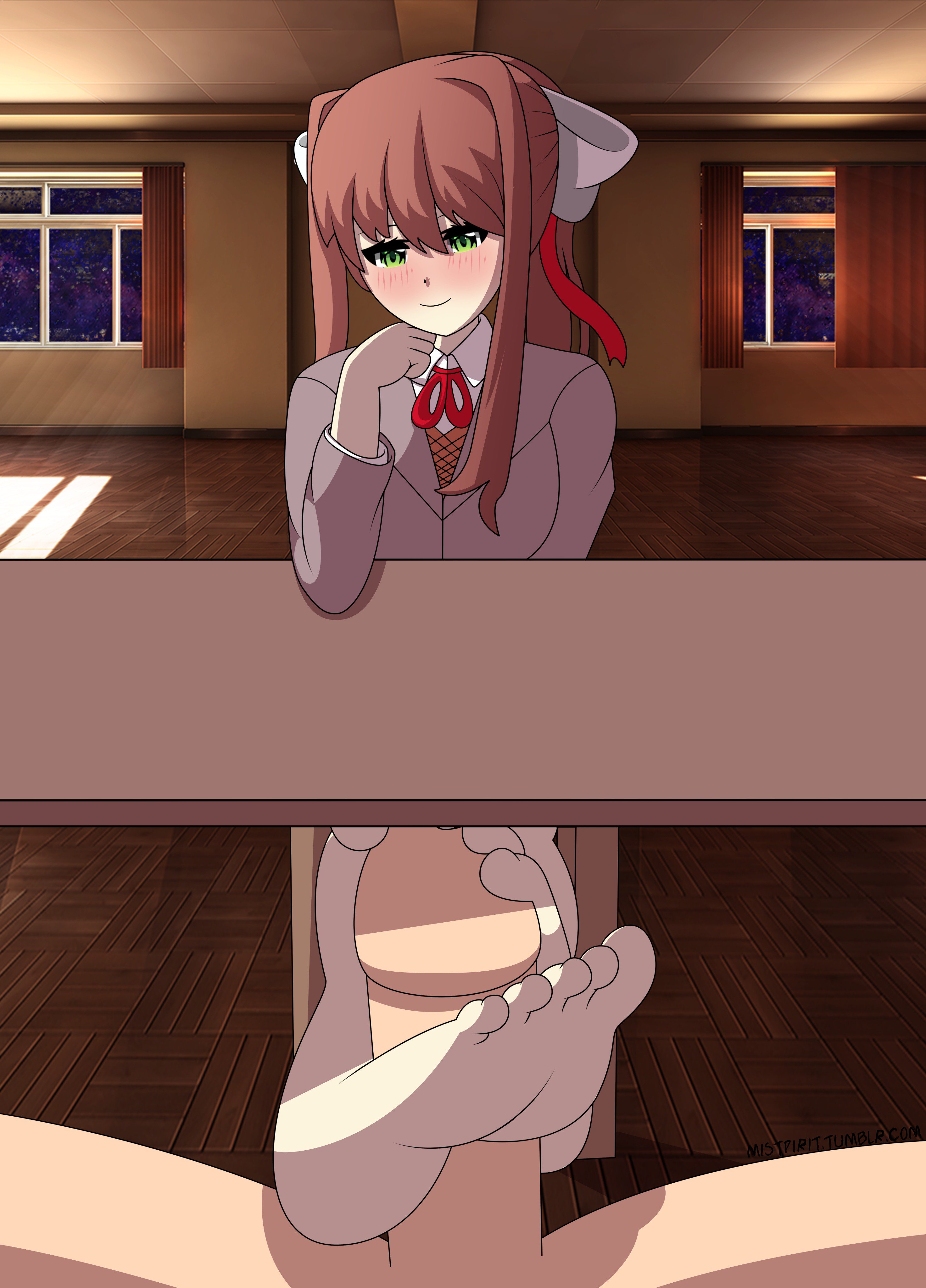 1boy, 1girls, barefoot, blush, cfnm, doki doki literature club, eye contact, feet, female, female focus, foot fetish, footjob, green eyes, hairbow, half-closed eyes, light skin, light-skinned female, light-skinned male, looking at viewer, male, male pov, mistpirit, mistpirit (fetish art), monika (doki doki literature club), nose blush, penis, ponytail, pov, pov eye contact, school uniform, secret, smile, soles, solo focus, straight, tagme, toejob, toes, under the table, uniform, white skin