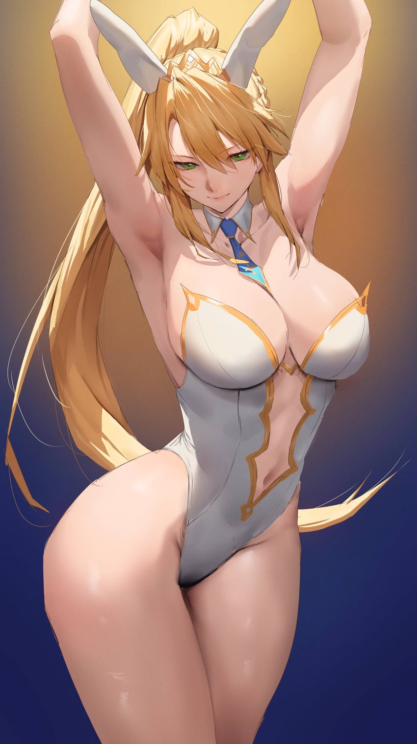 1girls, animal ears, armpits, arms up, artoria pendragon, artoria pendragon (lancer), artoria pendragon (swimsuit ruler), bare legs, big breasts, blonde hair, blue necktie, blush, breasts, bunnysuit, cleavage, detached collar, fake animal ears, fate (series), fate/grand order, female, gradient background, green eyes, groin, highleg, highleg leotard, hips, large breasts, leotard, looking at viewer, navel, necktie, playboy bunny, plunging neckline, ponytail, presenting armpit, rabbit ears, rororo, sidelocks, simple background, smile, solo, thick thighs, thighs, white leotard, wide hips