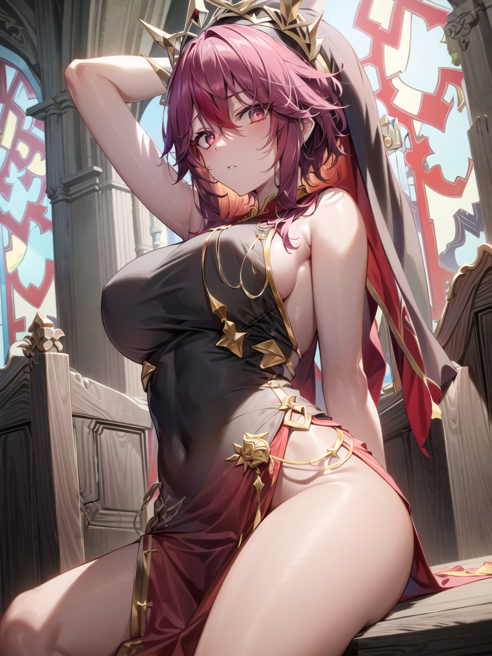 1girls, ai generated, alternate costume, arm behind head, arm up, bare arms, bare hips, bare legs, bare shoulders, bare thighs, big breasts, black dress, blush, breasts, china dress, chinese clothes, covered navel, female, genshin impact, gold trim, headdress, large breasts, light skin, light-skinned female, looking at viewer, looking down, looking down at viewer, navel, nun, nun's habit, pale skin, pale-skinned female, purple eyes, purple hair, raised arm, rosaria (genshin impact), shiny hair, shiny skin, short hair, short hair with long locks, sideboob, sidelocks, sitting, sleeveless, sleeveless dress, spread legs, thick thighs, thighs, veil