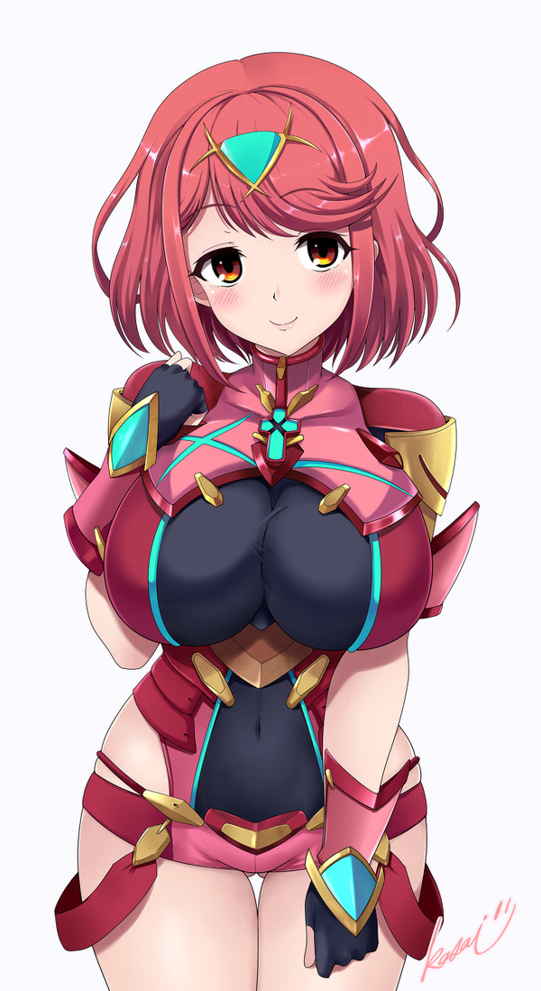 1girls, big breasts, blush, breasts, clothed, female, hand on breast, kasai shin, looking at viewer, pyra, pyra (xenoblade), red hair, xenoblade (series), xenoblade chronicles 2