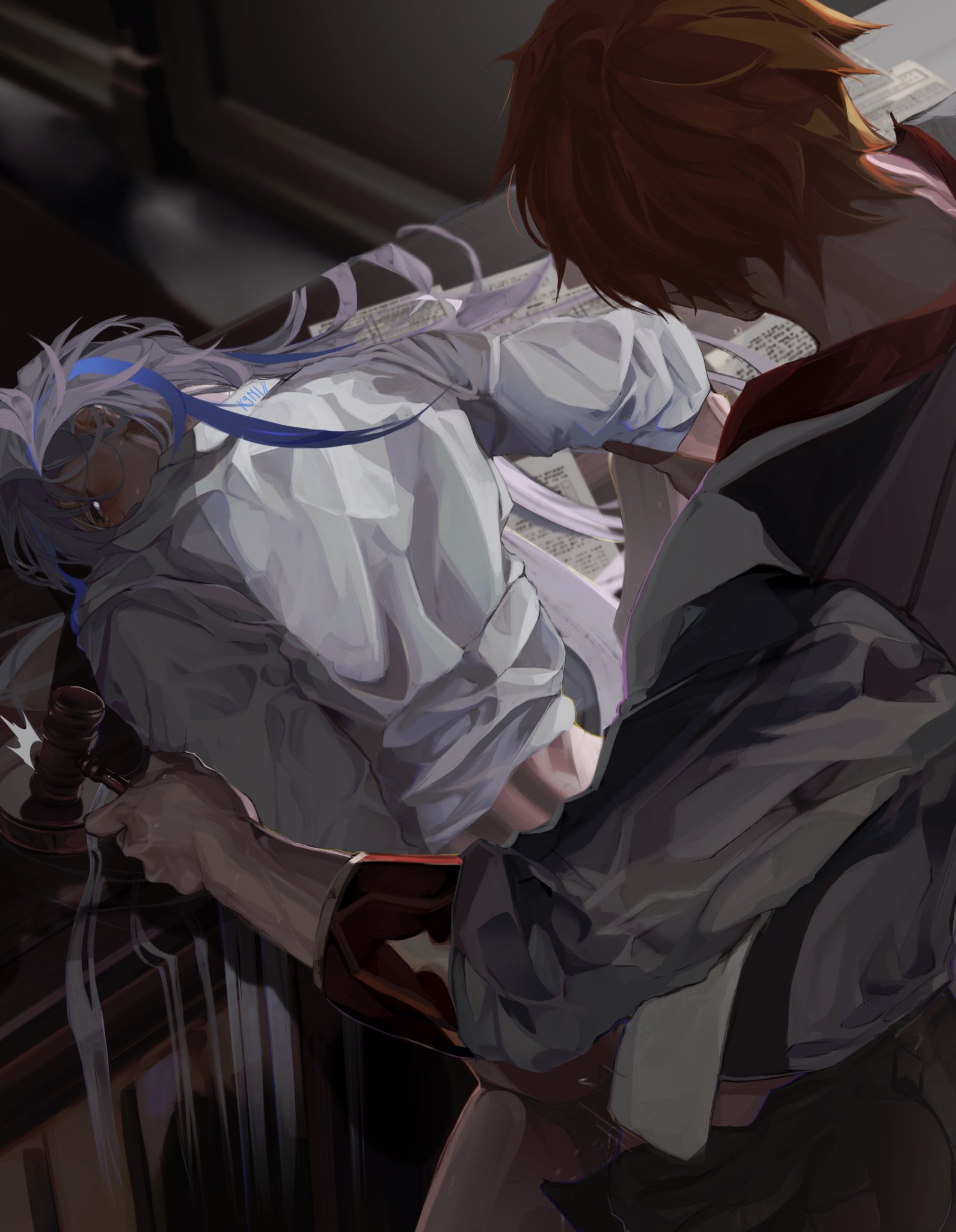 2boys, anal, anal penetration, anal sex, blush, childe (genshin impact), clothed sex, genshin impact, k9mi, male, male focus, male only, neuvillette (genshin impact), table sex, tagme, tartaglia (genshin impact), yaoi