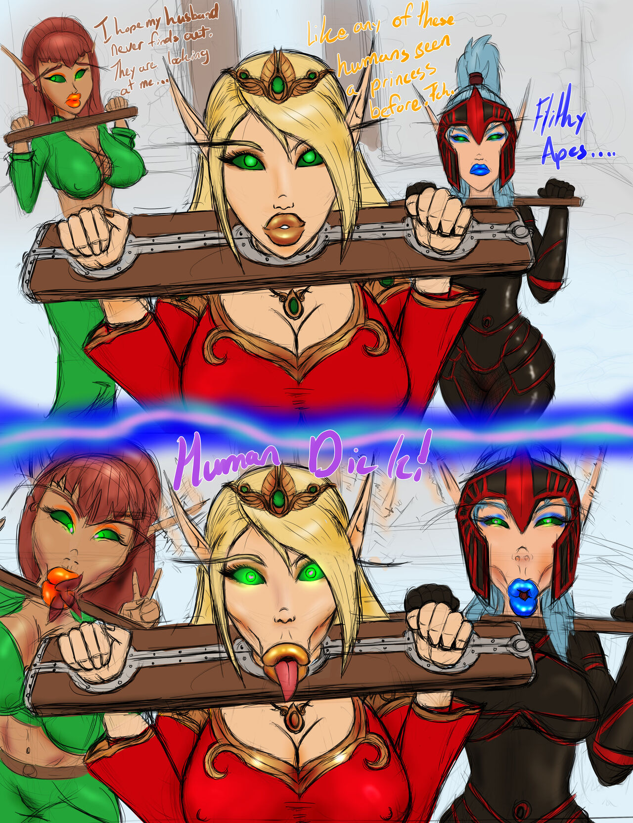 :>=, 3girls, before and after, bimbo, blonde hair, blood elf, blood elf female, bradtanker3, brain pop, brainwashing, breasts, brunette, corruption, elf, elf female, elf girl, english text, female, huge breasts, hypnosis, imminent rape, mind control, multiple females, multiple girls, pillory, restrained, restrained arms, restraints, stockade, stocks, text, thick lips, transformation, world of warcraft