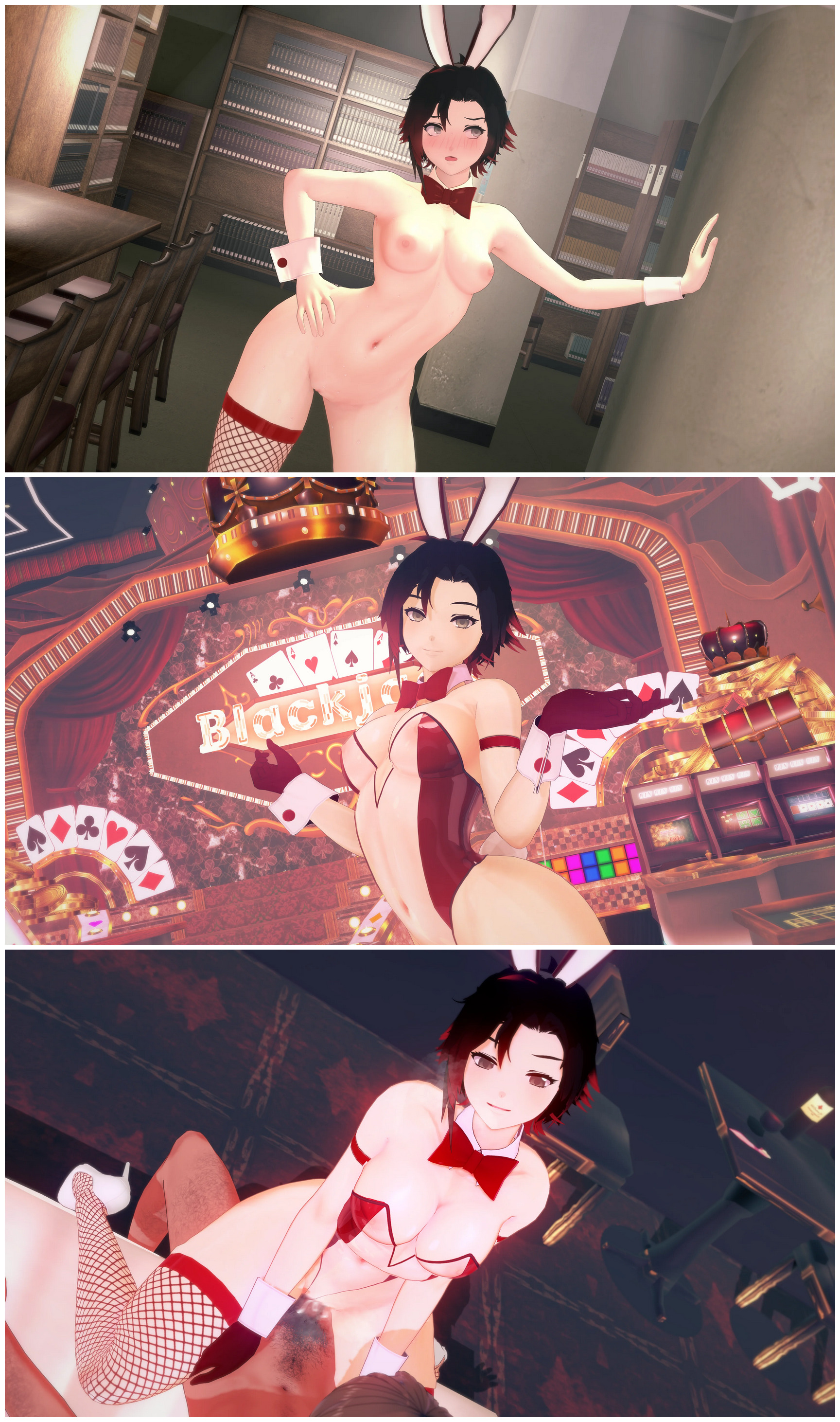1boy, 1girls, 2boys, 3d, bunnysuit, female, female focus, female on top, ithasnoappeal, koikatsu, male, niianary, red hair, rooster teeth, ruby rose, rwby, sex, silver eyes, solo focus