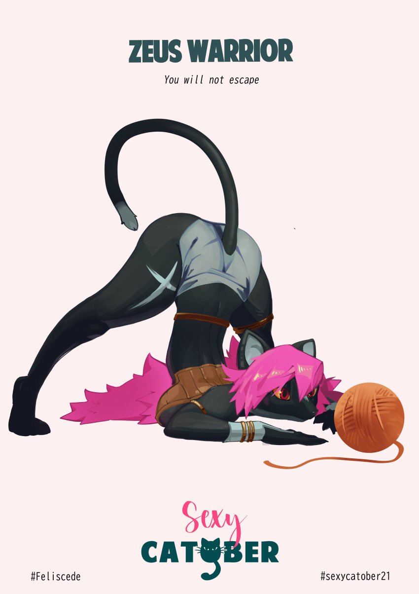 1girls 2021 absurd_res animal_humanoid anthro armlet ass ass_up ball_of_yarn bangs barefoot big_butt black_body bracelet brown_clothing brown_topwear catober catober_2021 clothing digital_media_(artwork) feet felid feline felis feliscede female hair hi_res jack-o_pose king_of_thorn long_hair mammal orange_scales pink_hair red_eyes solo tail thin_tail zeus zeus_genus