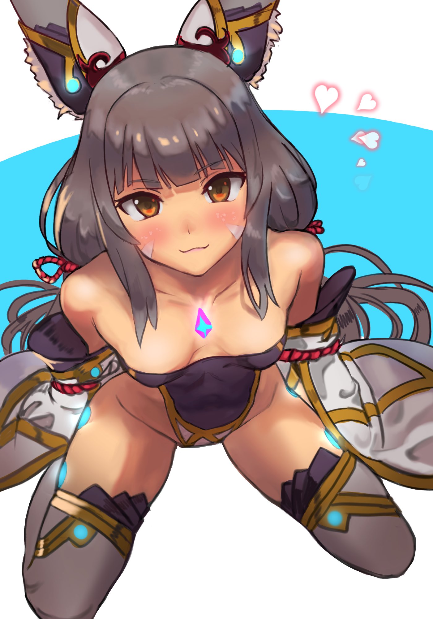 1girls blush breasts cat_ears catgirl cleavage core_crystal female female_only grey_hair kneeling looking_at_viewer looking_up nia nia_(blade) nia_(xenoblade) nintendo r123 small_breasts solo thighs xenoblade_(series) xenoblade_chronicles_2 yellow_eyes