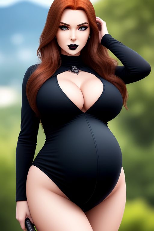 1girls ai_generated big_breasts black_dress dark_orange_hair female female_only goth pregnant realistic solo tagme