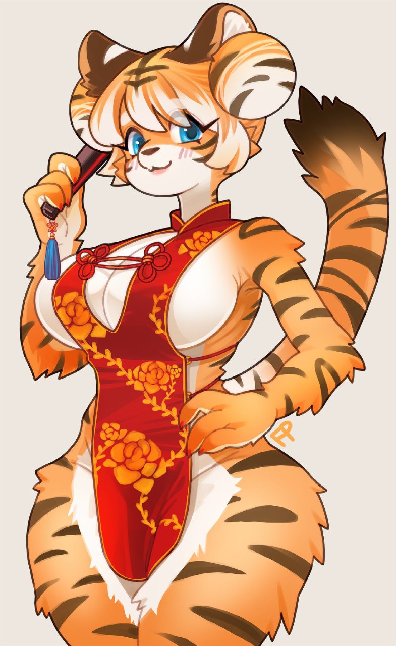 2023 big_breasts blue_eyes blush breasts brown_fur brown_hair chinese_clothes claws feline fullpillow furry huge_breasts looking_at_viewer orange_body orange_fur orange_hair signature simple_background striped_body striped_fur striped_hair striped_tail tail tiger white_fur white_hair