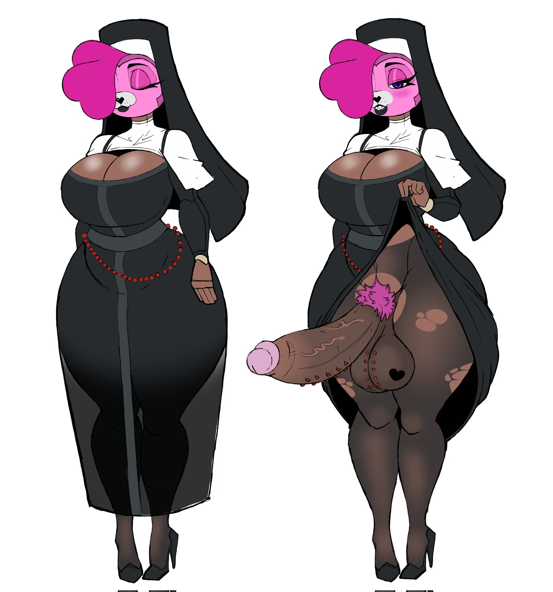 1futa, anthro, balls, ballsack, bottomless, breasts, christomwow, cleavage, clothed, clothing, cuddle team leader, dangling balls, dangling testicles, dark skin, dark-skinned futa, erection, foreskin, foreskin folds, fortnite, frenum ladder, frenum piercing, fully clothed, furry, futa only, futanari, high heels, huge balls, huge breasts, huge cock, humanoid penis, intersex, lifting dress, low hanging balls, nun, nun futa, nun's habit, partially clothed, penis, penis out, penis piercing, piercing, pink pubic hair, pubic hair, retracted foreskin, ripped clothes, scrotum, scrotum ladder, scrotum piercing, short hair, solo, standing, testicles, thick thighs, uncircumcised, uncut, veiny penis, wide hips