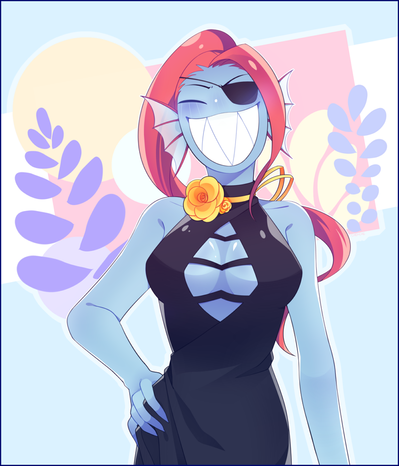 1girls 2016 2d 2d_(artwork) 2d_artwork bare_shoulders big_breasts black_dress black_eyepatch black_eyewear blue_body blue_skin breasts cleavage cleavage_cutout clothed clothed_female color dress exposed_shoulders eye_closed eyepatch eyewear female female_focus female_only fins fish flower hand_on_hip inner_sideboob long_hair long_red_hair nipple_bulge no_bra one_eye_covered perky_breasts ponytail red_hair sharp_teeth sideboob smile smiling_at_viewer solo solo_female solo_focus teeth undertale undertale_(series) undyne yellow_flower yr_simin