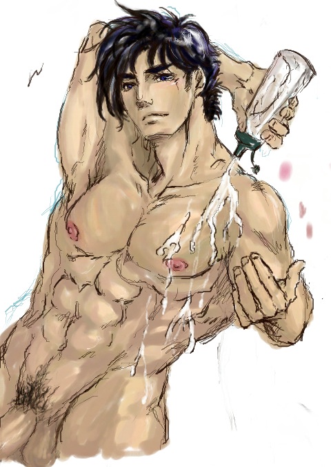 1boy battle_tendency bottle holding_bottle jojo's_bizarre_adventure joseph_joestar male male_only muscular_male nude_male pubic_hair solo water water_on_body