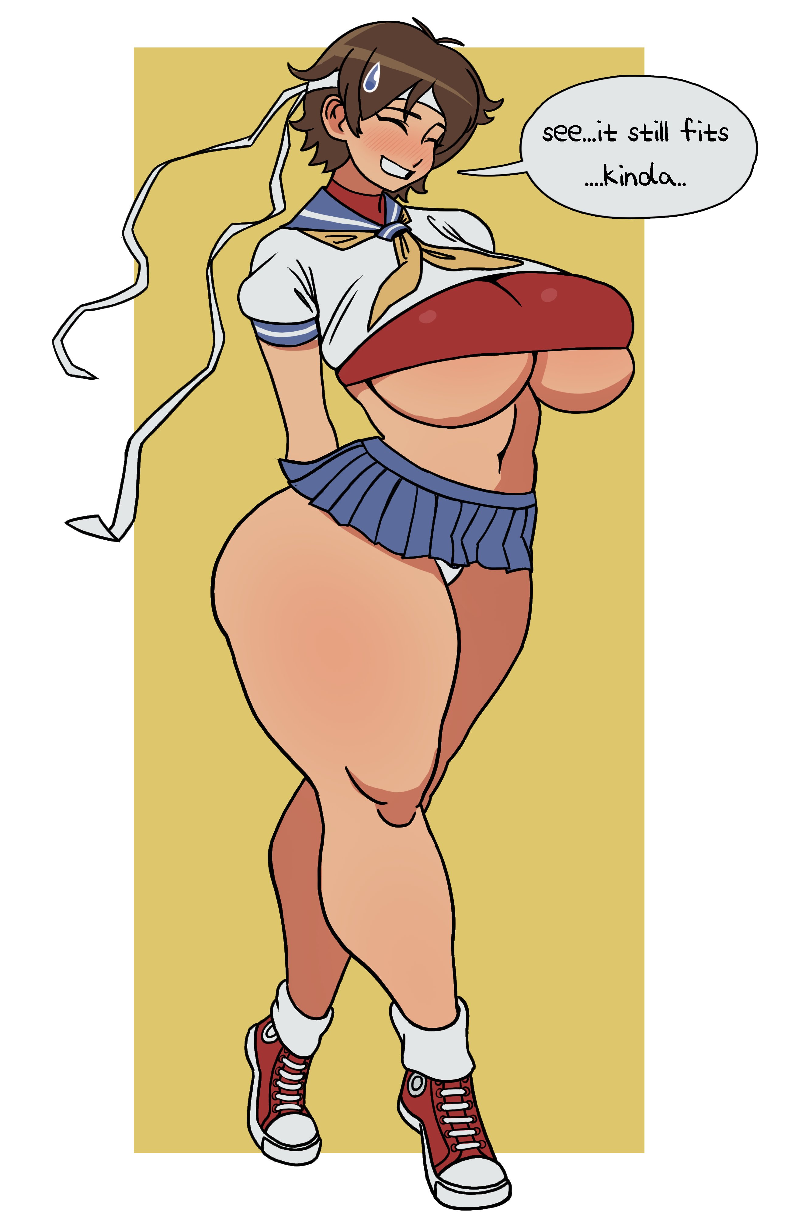 1girls, big breasts, breasts, bursting breasts, clothing, dialogue, eyes closed, female, female only, fingerless gloves, footwear, headband, huge breasts, huge thighs, human, large breasts, pale skin, panties, pokpa, sakura kasugano, school uniform, schoolgirl, short hair, skirt, solo, solo female, solo focus, speech bubble, street fighter, text, text bubble, thick thighs, thighs, tight clothing, underboob, upskirt, white panties