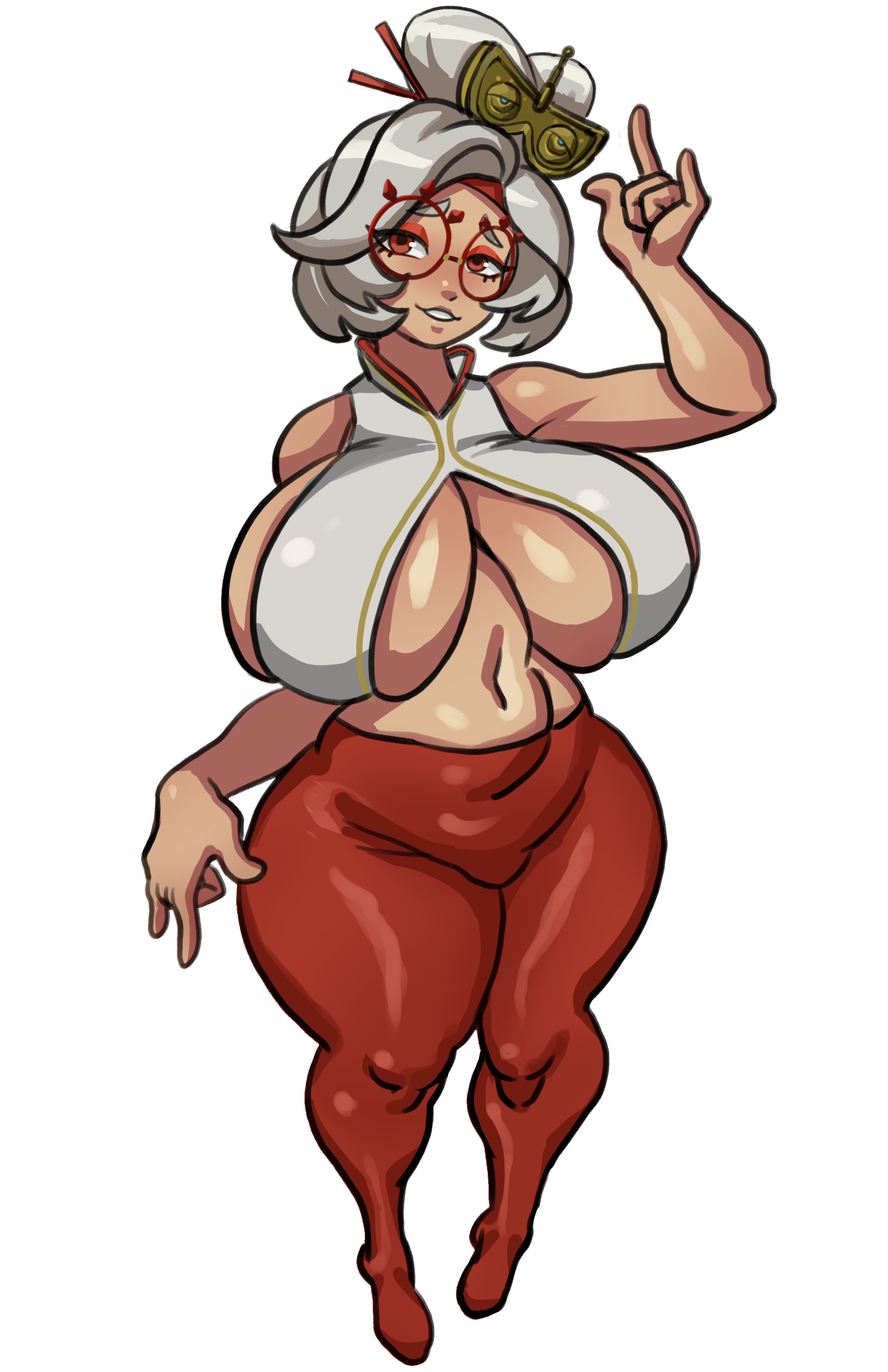 1girls, big breasts, breasts, cleavage, female, female only, glasses, large breasts, looking at viewer, navel, nintendo, pokpa, purah, purah (tears of the kingdom), red eyes, solo, solo female, solo focus, tears of the kingdom, the legend of zelda, thick thighs, thighs, tights, white hair, wide hips