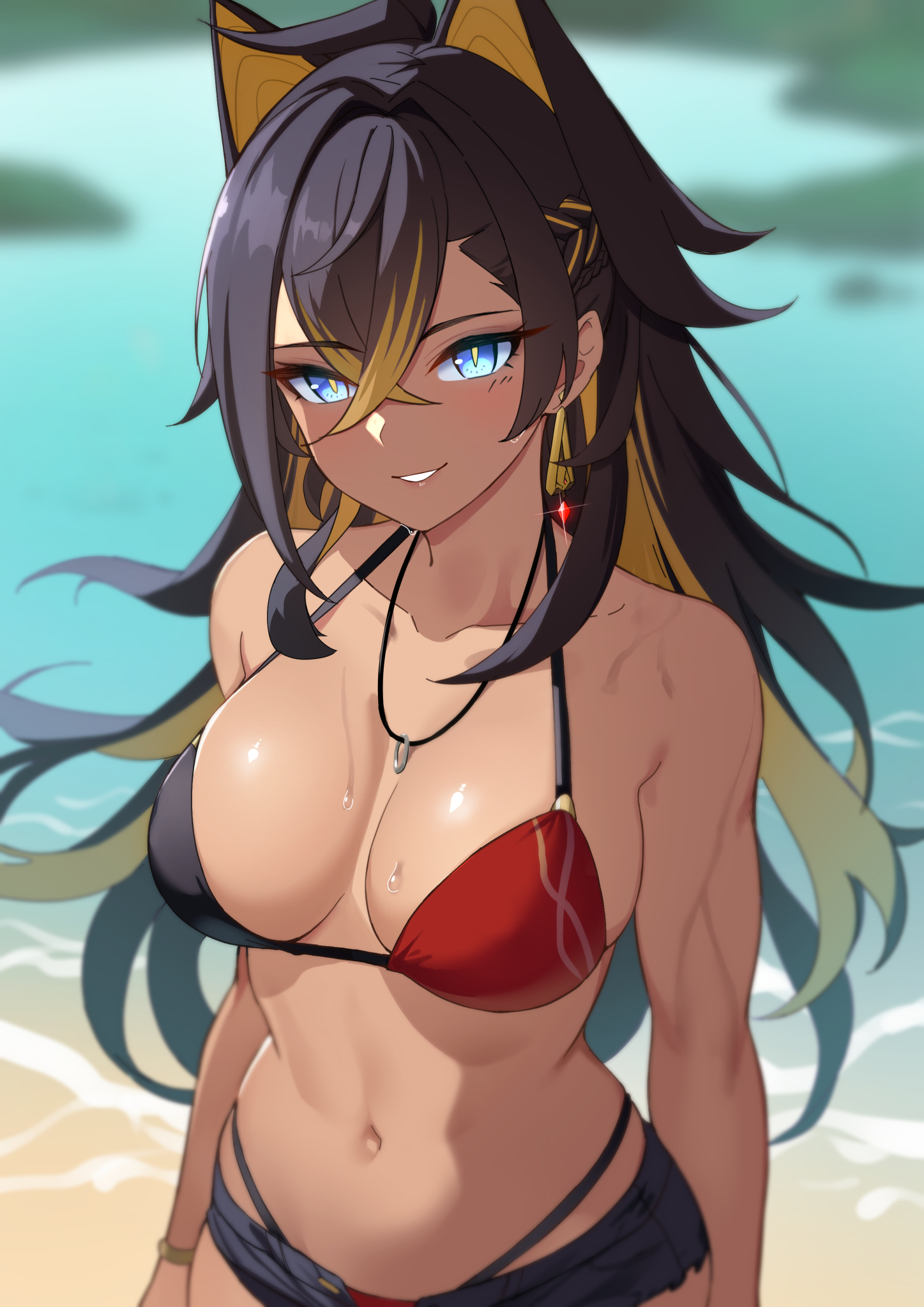 1girls, animal ears, bikini, blue eyes, dark skin, dark-skinned female, dehya (genshin impact), earrings, female, female only, genshin impact, necklace, solo, tomboy, wet, yamabuki7979