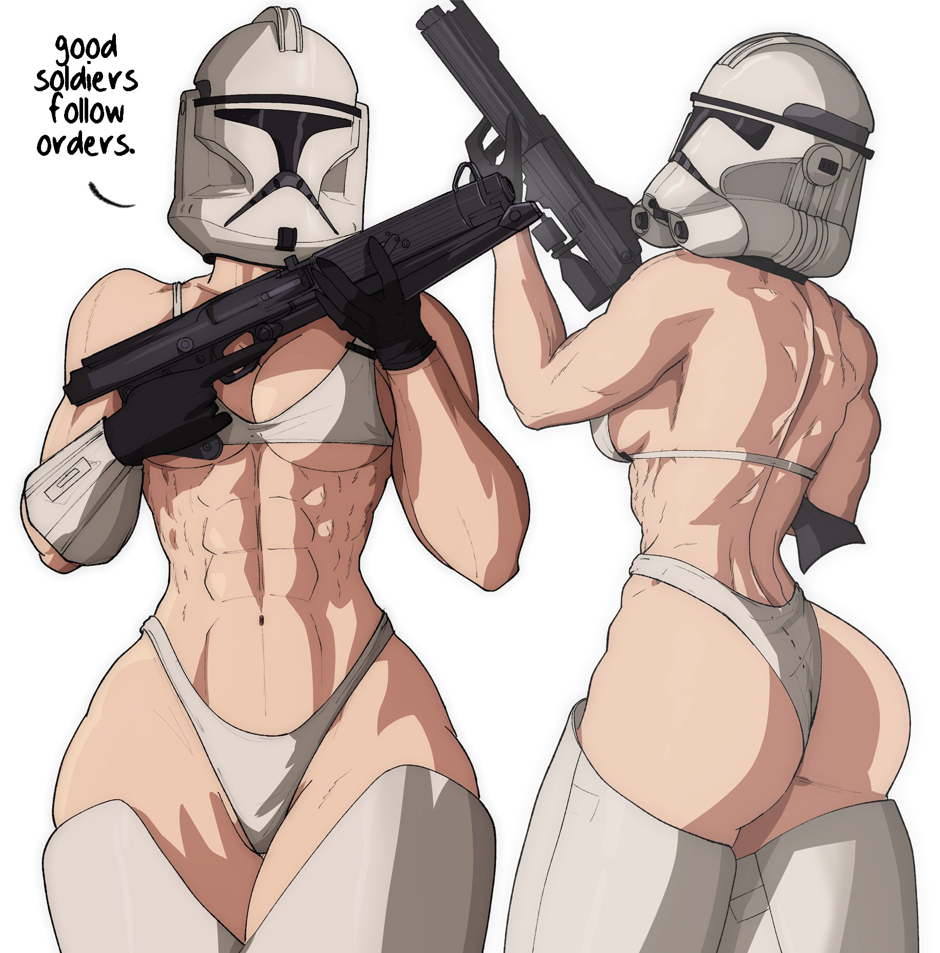 2girls, abs, alternate skin color, armor, ass, athletic, athletic female, attack of the clones, back, bra, breasts, cleavage, clone, clone trooper, clone wars, clothing, dialogue, english text, female, female only, fit, fit female, front view, genderswap, genderswap (mtf), gloes, gun, headgear, headwear, helmet, hi res, highleg, holding gun, holding object, holding weapon, human, light skin, light-skinned female, medium breasts, muscular, muscular female, navel, no artist signature, obliques, pale skin, panties, ranged weapon, rear view, revenge of the sith, rifle, rule 63, science fiction, side view, standing, star wars, text, thick thighs, thighs, underboob, underwear, vambraces, weapon, white bra, white panties, white underwear, yoracrab