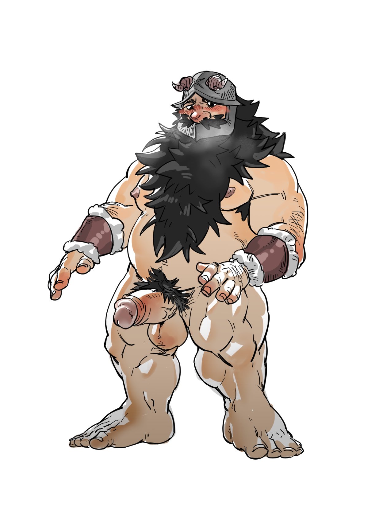 1boy anthro arm_hair armpit_hair armpit_hair_peek bara beard belly black_hair blush boner bracer breath dungeon_meshi dwarf erection facial_hair fake_horns full_body girthy_penis hand_hair helmet highres horned_helmet horns large_feet large_testicles long_beard long_hair looking_down luke_c419 male_focus male_only male_pubic_hair mature_male muscular muscular_male nipples pectorals penis plump pubic_hair senshi_(dungeon_meshi) solo standing testicles thick_eyebrows thick_mustache thighs