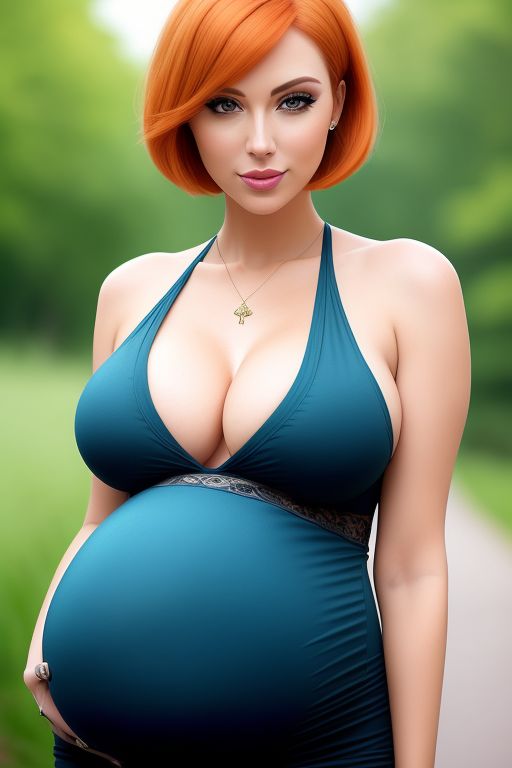 ai generated, ann possible, big breasts, blue dress, bob cut, breasts, disney, female, kim possible, necklace, orange hair, pregnant, realistic