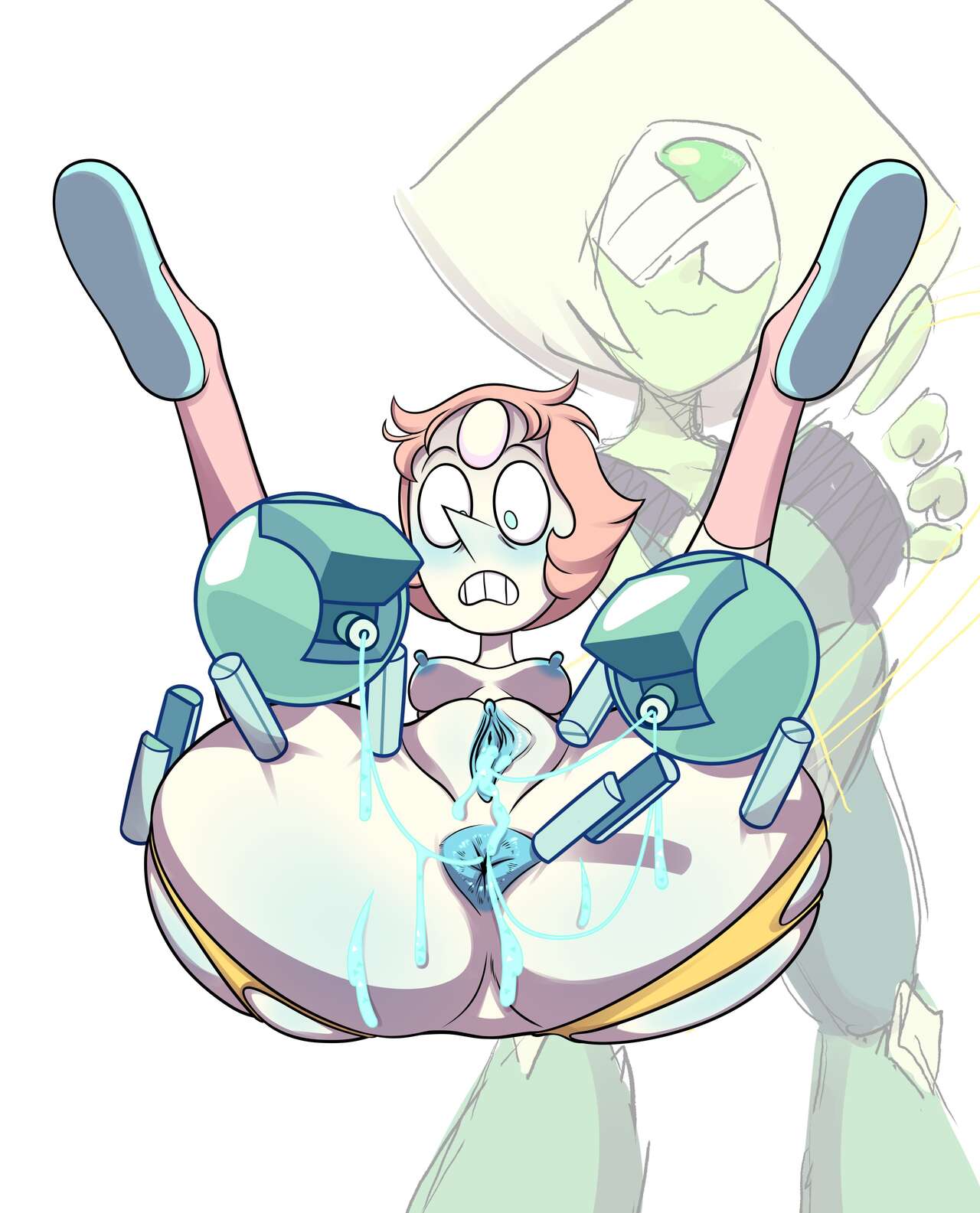 anus, artificial insemination, blue anus, blue nipples, blue pussy, blushing, breasts, cartoon network, clitoris, cum in pussy, dzk, female, flats, gem (species), insemination, legs up, nipples, pearl (steven universe), peridot (steven universe), pussy, shoes, spread legs, steven universe, tagme, white background