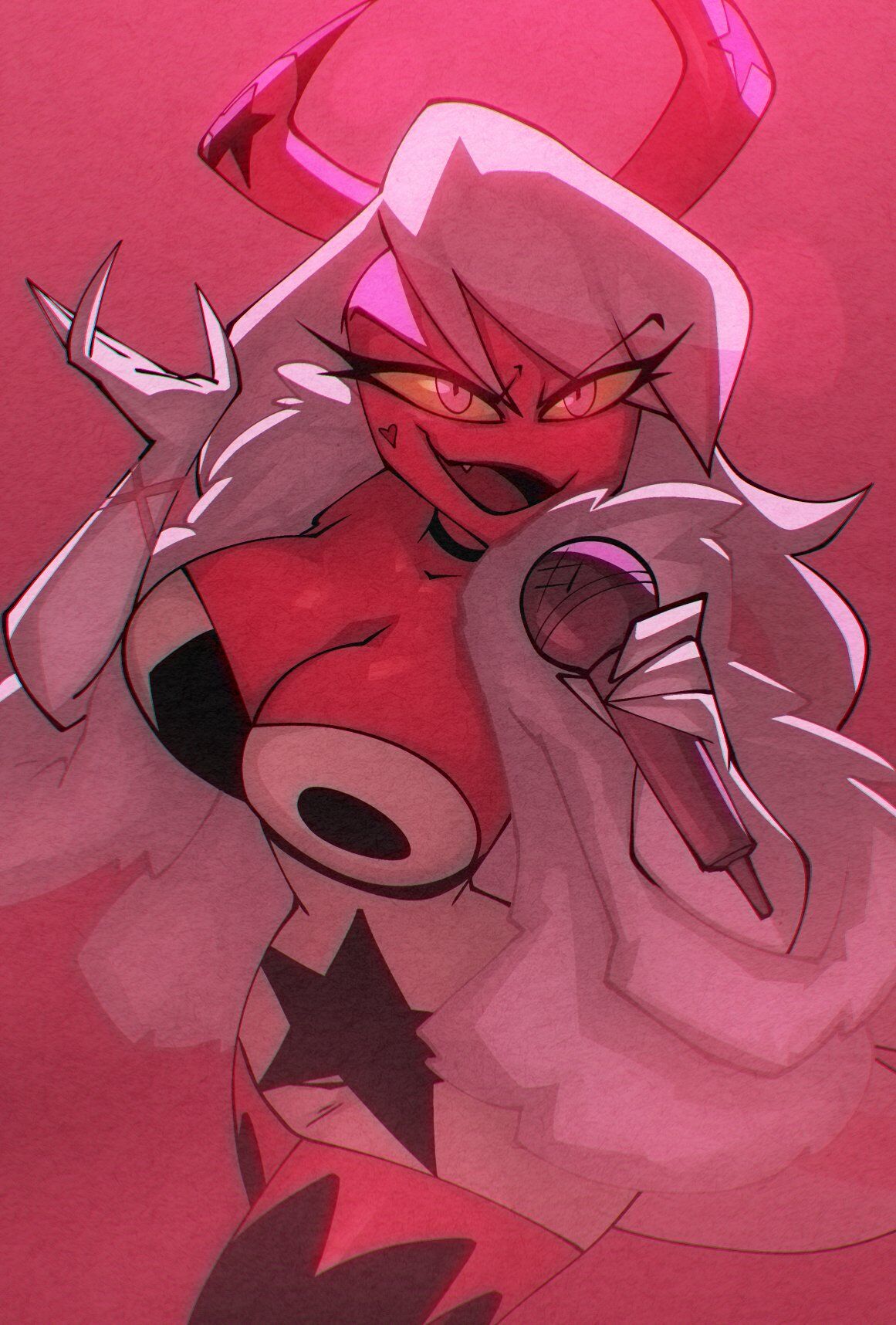 big breasts, bigdad, breasts, cleavage, clothed, clothing, demon, demon girl, demon horns, demon tail, female, hair, helluva boss, horn, huge breasts, humanoid, long hair, red body, simple background, smile, solo, solo female, spade tail, succubus, tail, verosika mayday (helluva boss), white hair