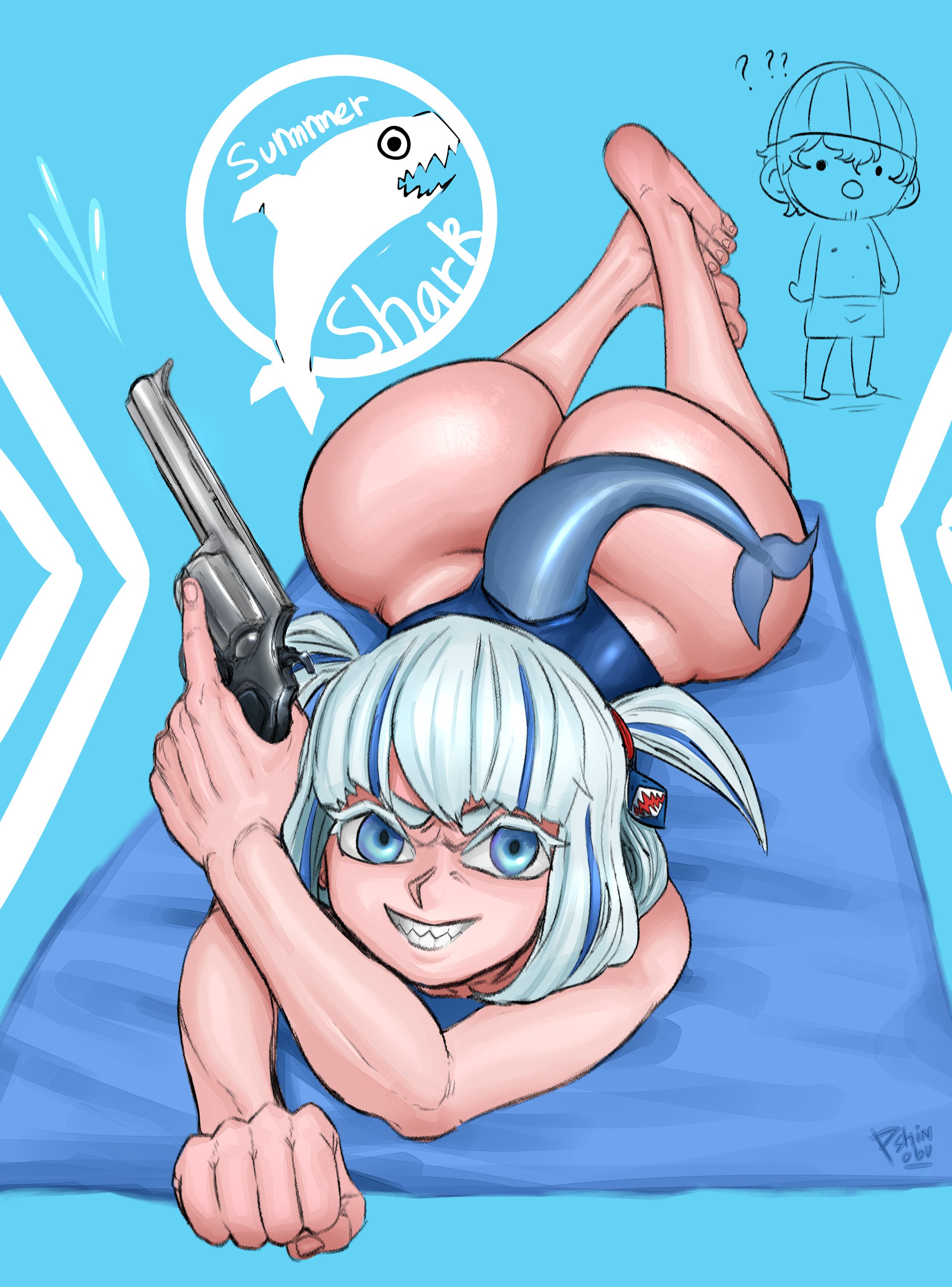 1girls, ass, big ass, bubble ass, bubble butt, fat ass, female, female focus, firearm, gawr gura, gun, handgun, hololive, hololive english, hololive myth, large ass, looking at viewer, lying, lying on stomach, pale skin, revolver, shark girl, shinobupp, tail, thick ass, virtual youtuber, weapon, white hair