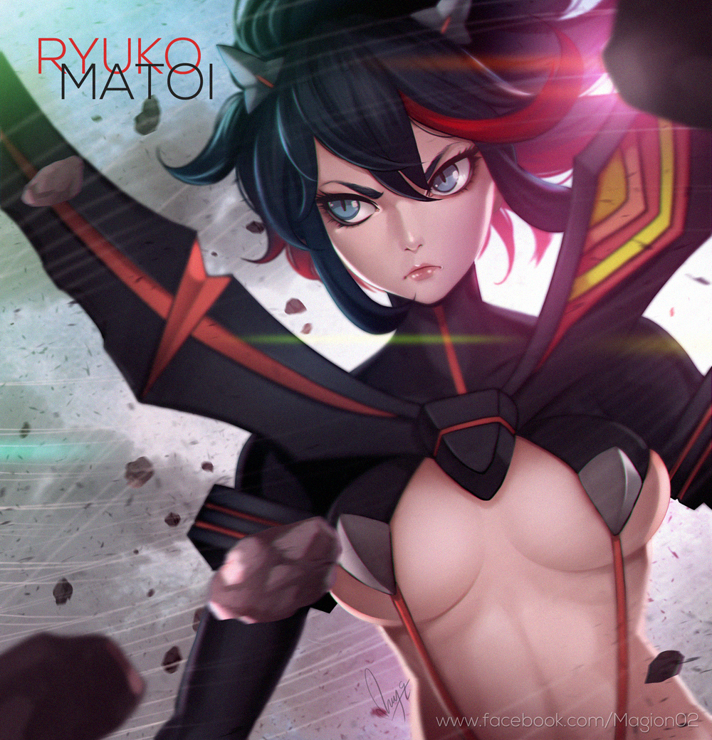 >:( 10s artist_name black_hair blue_eyes breasts character_name cleavage closed_mouth facebook_username female frown goes_hard hair_between_eyes kill_la_kill large_breasts lips magion02 matoi_ryuuko midriff multicolored_hair nose rock senketsu signature solo suspenders two-tone_hair underboob underwear upper_body v-shaped_eyebrows watermark web_address wind