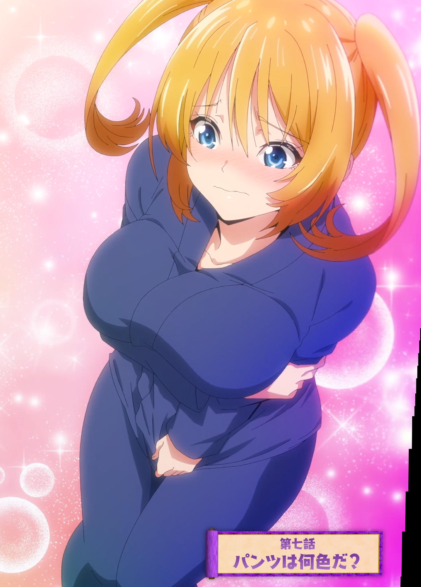 blonde_hair blue_eyes blush breasts clothing hips japanese_text large_breasts mia_christoph screencap stitched tenpuru text thighs