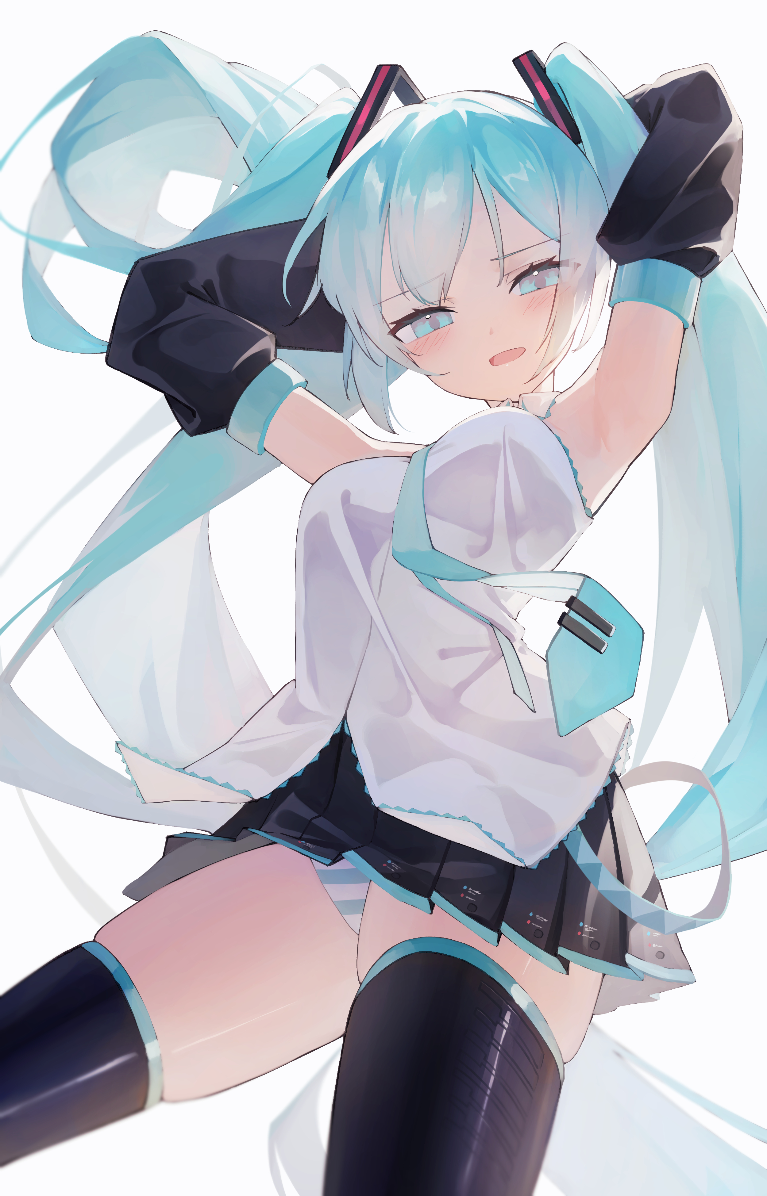 1girl, annoyed, aqua eyes, aqua hair, aqua necktie, armpits, arms behind head, arms up, bangs, bare shoulders, black skirt, black sleeves, black thighhighs, blush, breasts, cowboy shot, detached sleeves, embarrassed, female, from below, hatsune miku, hatsune miku (original), long hair, looking at viewer, medium breasts, necktie, open mouth, panties, pleated skirt, shirt, simple background, skindentation, skirt, sleeveless, sleeveless shirt, solo, striped, striped panties, thick thighs, thighhighs, twintails, under skirt, underwear, upskirt, very long hair, vocaloid, white background, wide hips