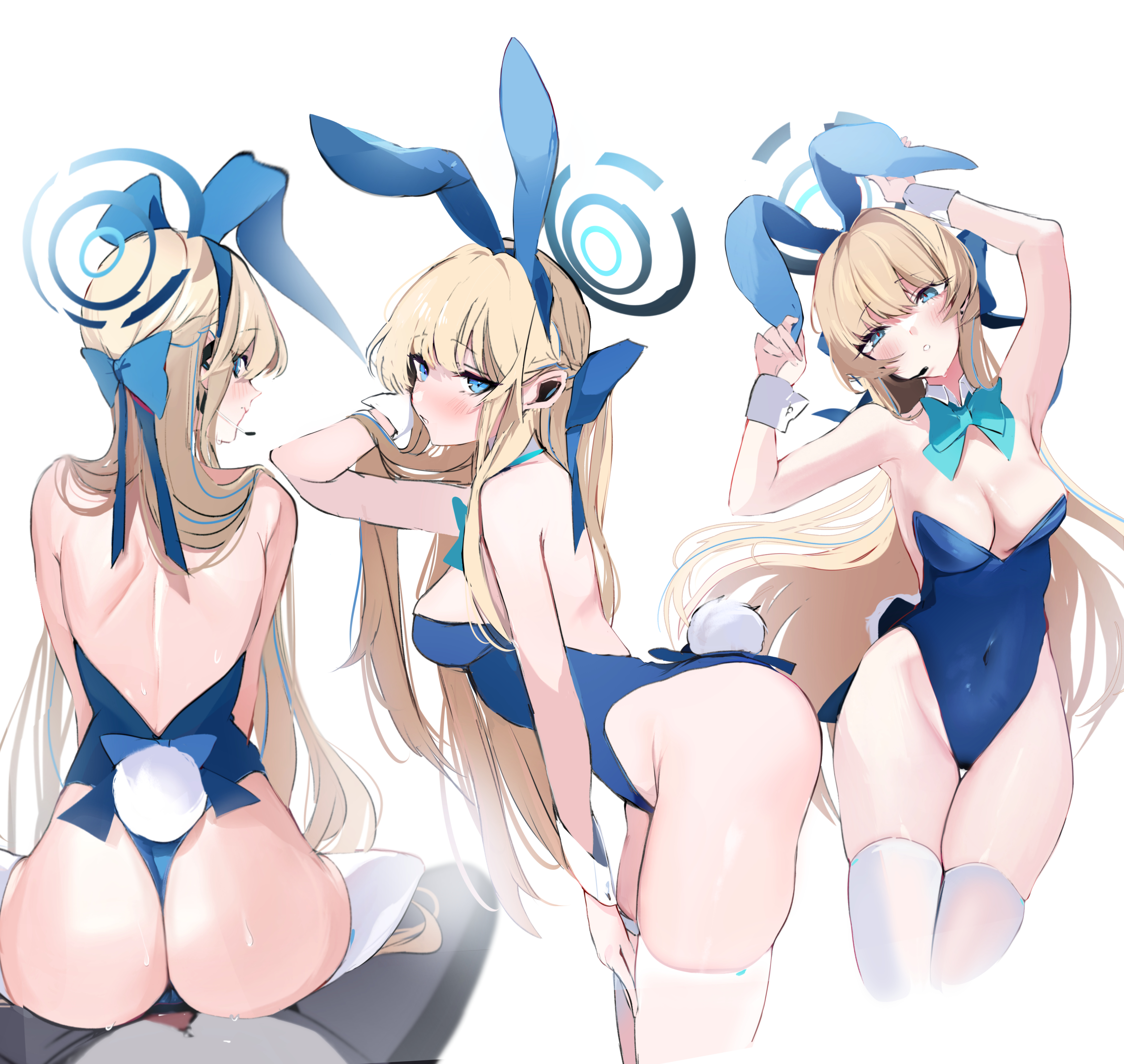 1boy, 1girls, absurdres, animal ears, ass, bare shoulders, bent over, blonde hair, blue archive, blue eyes, blue leotard, bow, bowtie, braid, breasts, bunny ears, bunny tail, bunnysuit, cowgirl position, detached collar, fake animal ears, female, halo, highleg, highleg leotard, highres, leotard, long hair, looking at viewer, male, medium breasts, millennium science school student, multicolored hair, multiple images, multiple scenes, multiple views, niku (hamuchang), official alternate costume, playboy bunny, rabbit ears, sitting on person, straight, strapless, strapless leotard, streaked hair, thigh gap, thighhighs, thighs, toki (blue archive), toki (bunny) (blue archive), very long hair, white background, white legwear, white thighhighs, wrist cuffs
