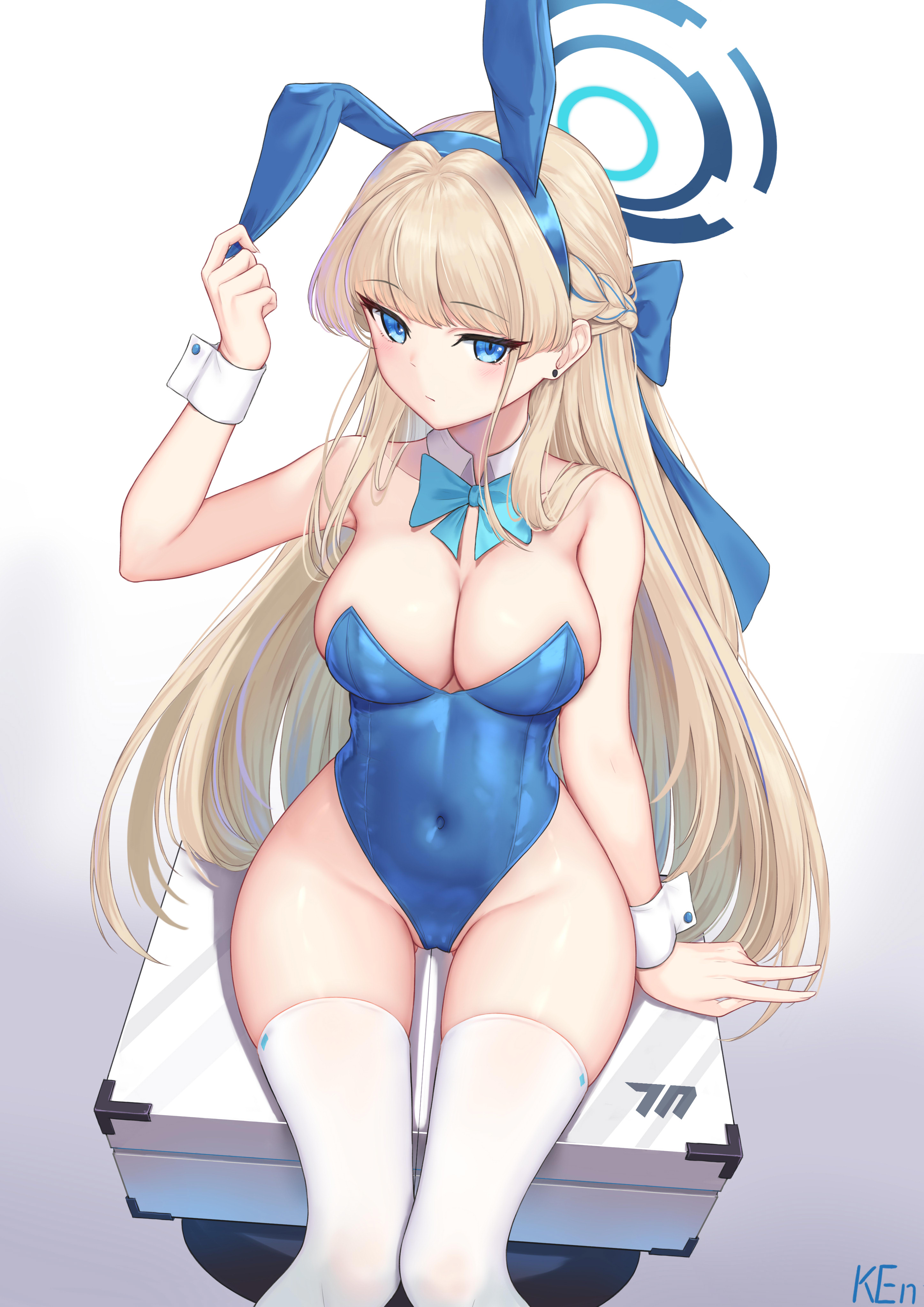 1girls, 2023, absurdres, alternate version available, animal ears, arm at side, artist name, bare shoulders, blonde hair, blue archive, blue bow, blue eyes, blue hairband, blue leotard, bow, bowtie, braid, breasts, bunny ears, bunnysuit, cleavage, closed mouth, covered navel, detached collar, earrings, fake animal ears, female, groin, hairband, hairbow, halo, hand on headwear, highleg, highleg leotard, highres, jewelry, ken-san, leotard, long hair, medium breasts, millennium science school logo (blue archive), millennium science school student, official alternate costume, official alternate hairstyle, playboy bunny, rabbit ears, sitting, solo, strapless, strapless leotard, stud earrings, thighhighs, thighs, toki (blue archive), toki (bunny) (blue archive), v, very long hair, white legwear, white thighhighs, wide hips, wrist cuffs
