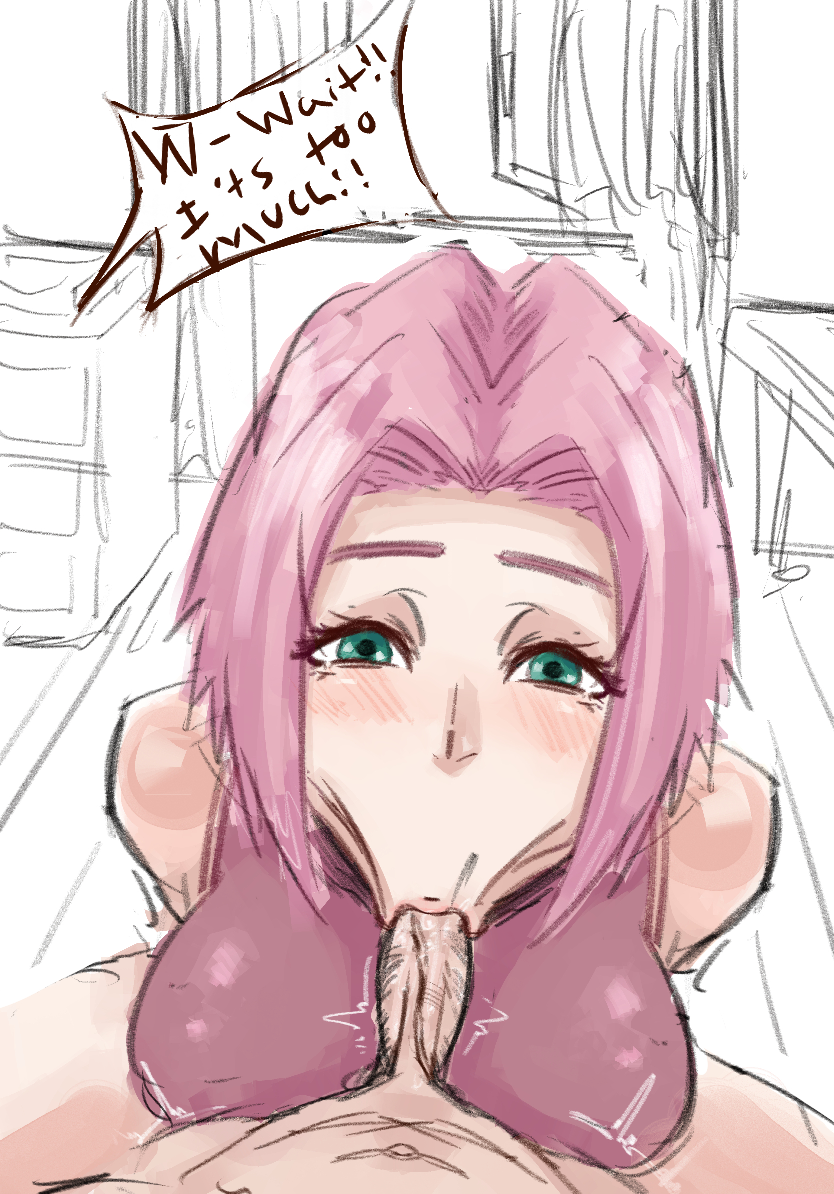 :>=, 1girls, asian, asian female, big breasts, blowjob, blush, blush lines, blushing, breasts, clothed, fellatio, female, forehead mark, green eyes, hands-free, hi res, highres, light skin, light-skinned female, limb0 o, looking at viewer, male, naruto, naruto (series), naruto shippuden, oral, oral penetration, oral sex, penis, pink hair, pov, pov eye contact, sakura haruno, short hair, sucking, sucking penis, thick thighs, uncensored, vacuum blowjob, vacuum fellatio