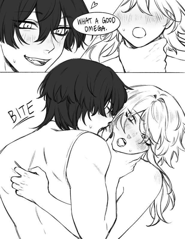 1boy 1girls bite black_and_white choking comic english_text female femsub genshin_impact lumine_(genshin_impact) male male/female maledom naked_female neck_bite nomi_owo possessive scaramouche_(genshin_impact) straight sweating throat_grab