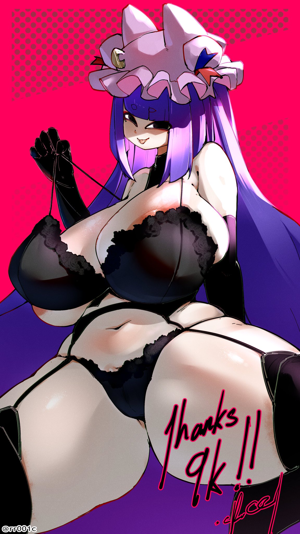 1girls areolae_slip big_breasts big_thighs black_bra blunt_bangs bra cleavage crr001 english_text female fox_ears garter_belt garter_straps hat huge_breasts konkon_patchouli_(crr001) light-skinned_female lingerie long_hair nipple_slip panties patchouli_knowledge purple_hair red_background solo solo_female text thick_thighs thighhighs thighs tongue tongue_out touhou underwear