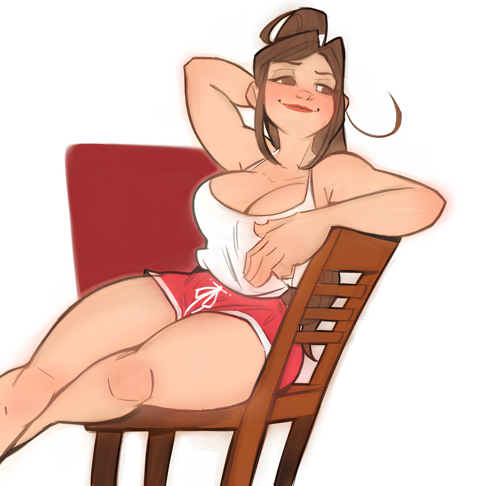 alternate_costume booty_shorts brown_hair fatal_fury large_breasts mai_shiranui ponytail shorts sitting sitting_on_chair snk street_fighter street_fighter_6 the_king_of_fighters wellington_phelippe