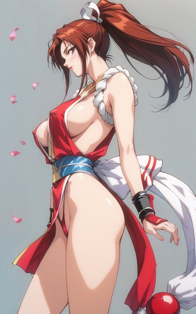 1990s_(style) 2025 ai_generated arm_at_side ass blush brown_hair collarbone commentary covered_nipples fatal_fury feet_out_of_frame from_side grey_background groin highleg japanese_clothes kaizou_bel large_breasts long_hair looking_at_viewer mai_shiranui parted_bangs pelvic_curtain pink_lips ponytail red_dress sash shimenawa sideboob simple_background snk the_king_of_fighters thighs