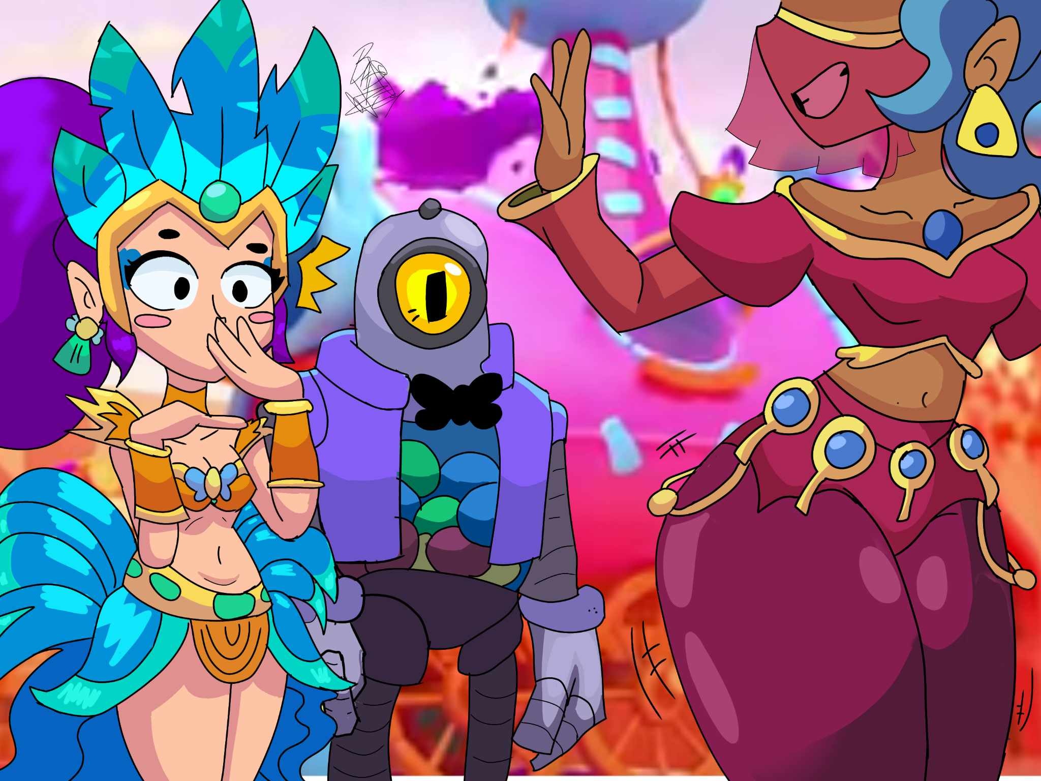 bapzey bot (artist), brawl stars, breasts, female, flag bearer piper (brawl stars), piper (brawl stars), rico (brawl stars), shelly (brawl stars), shelly dancer (brawl stars)