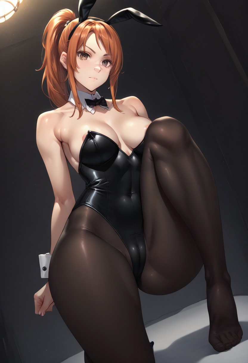 ai_generated breasts brown_eyes bunny_ears bunnysuit code_vein curvy_female curvy_figure ginger ginger_hair leotard looking_at_viewer one_leg_up orange_hair pantyhose ponytail rin_murasame scar scar_on_face thighs