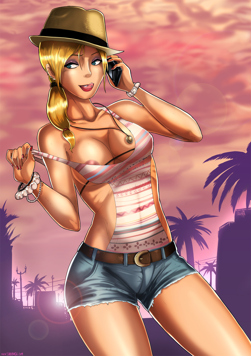 1girls alluring areola_slip belt bikini blonde_hair blue_eyes bracelet braid breasts cleavage clothes color denim_shorts ear_piercing earrings eyeshadow female female_only folded_ponytail grand_theft_auto grand_theft_auto_v hair hat headgear jeans licking_lips light_skin lipstick makeup minishorts naughty_face nipple_slip pendant phone piercing pinup ponytail preppy purple_eyeshadow red_lipstick rockstar_games seductive_look seductive_smile shadman shorts slim solo standing sunset tied_hair tongue tongue_out tongue_piercing tracey_de_santa url website wristwatch