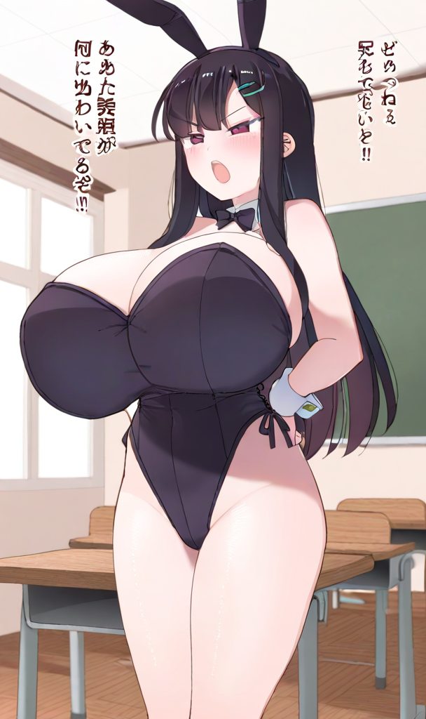 1girls ai_generated big_breasts bunny_ears bunny_girl bunnysuit classroom female female_only gigantic_breasts huge_breasts nozomi_(akitokage01) tsundere