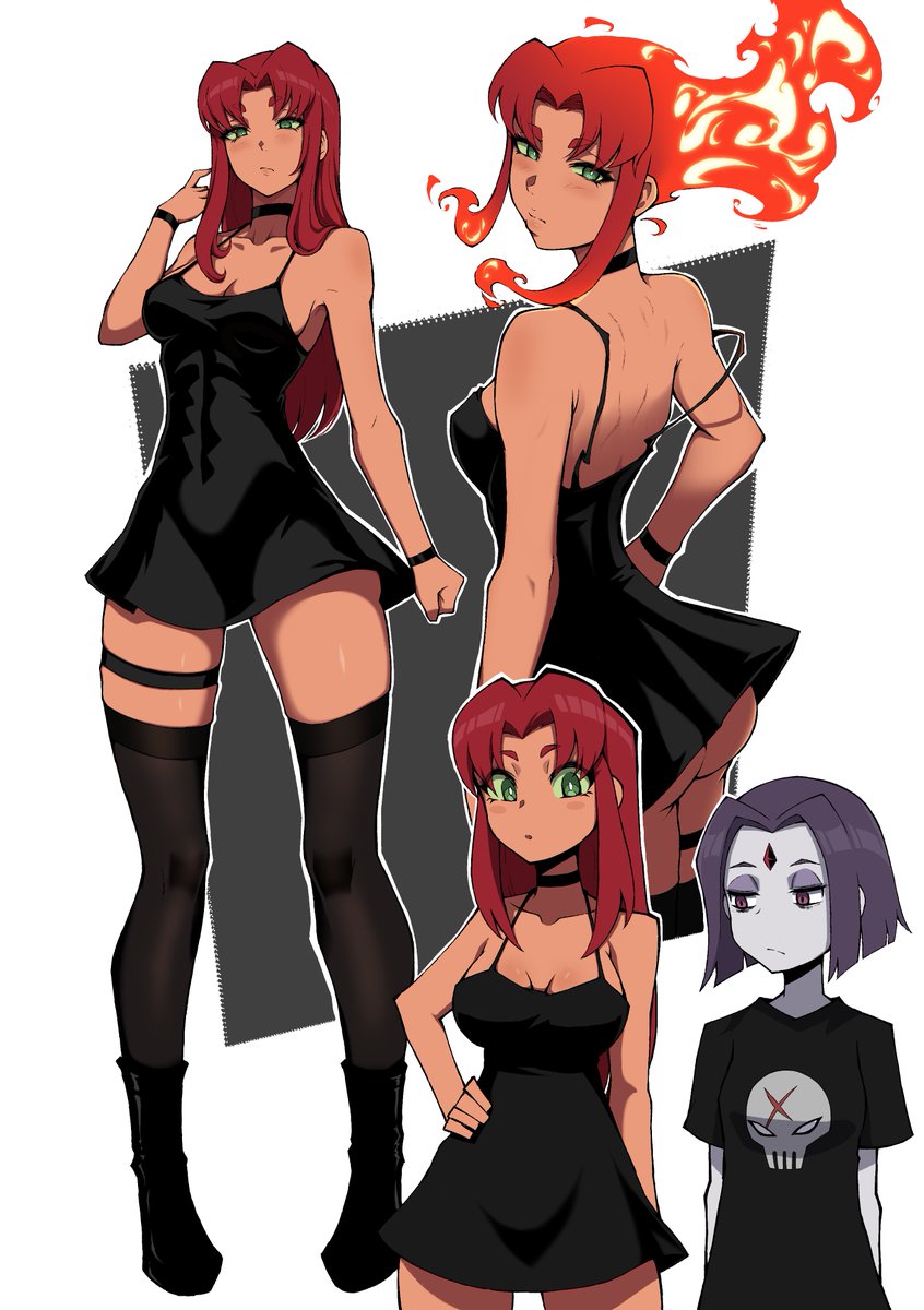 2025, 2girls, alien, alien girl, ass, black choker, black dress, choker, dc, dc comics, dress, female, female only, goth, goth girl, green eyes, kekel, multiple females, multiple girls, purple hair, raven (dc), red hair, starfire, tamaranean, teen titans, thick ass, thick thighs, thighhighs, thighs