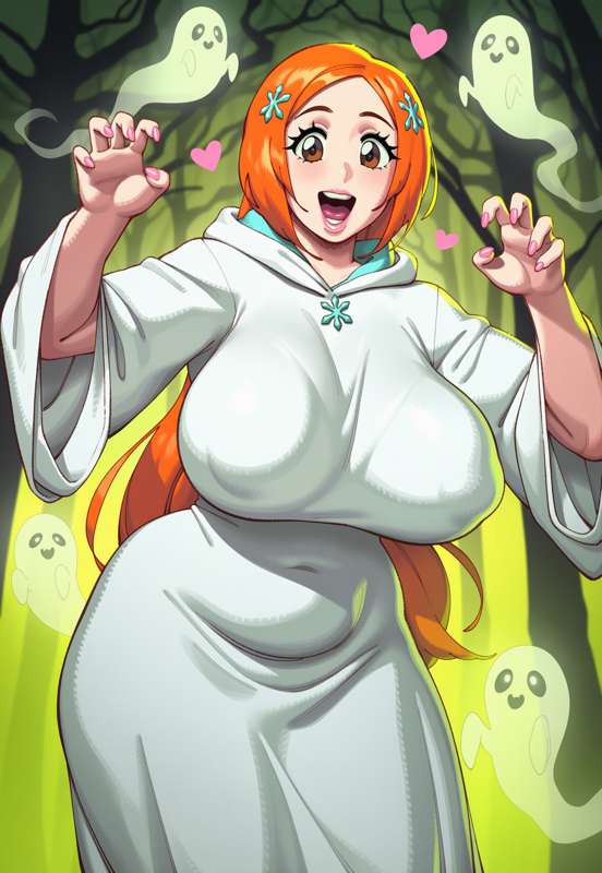 1girls, ai generated, big breasts, bleach, bleach: the thousand-year blood war, breasts, brown eyes, female, female only, ghost costume, hair, halloween, halloween costume, halloween theme, heart, hearts around head, huge breasts, inoue orihime, juuicyai, light skin, light-skinned female, long hair, orange hair, solo, solo female